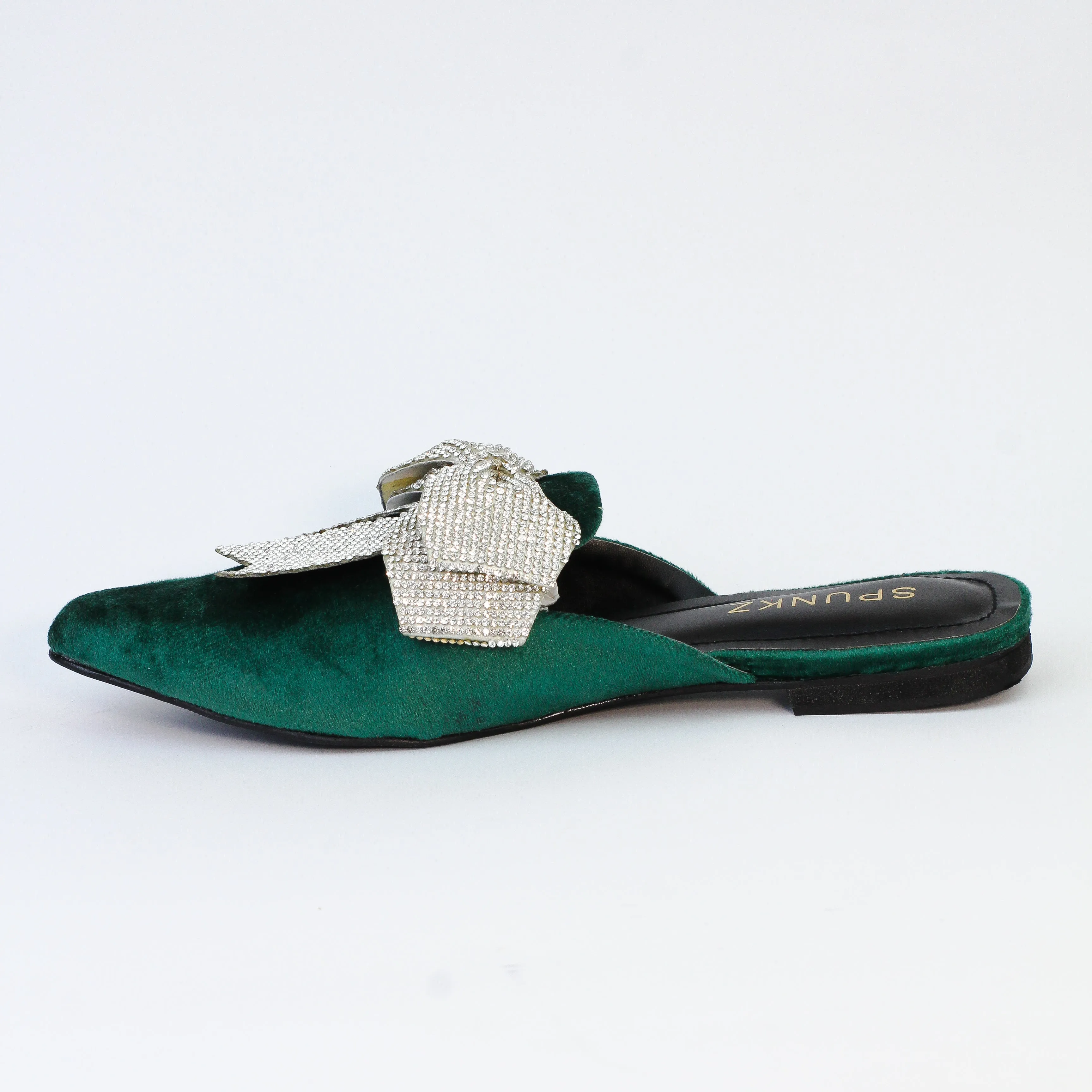 Annabel Green Rhinestone Suede Bow Mules