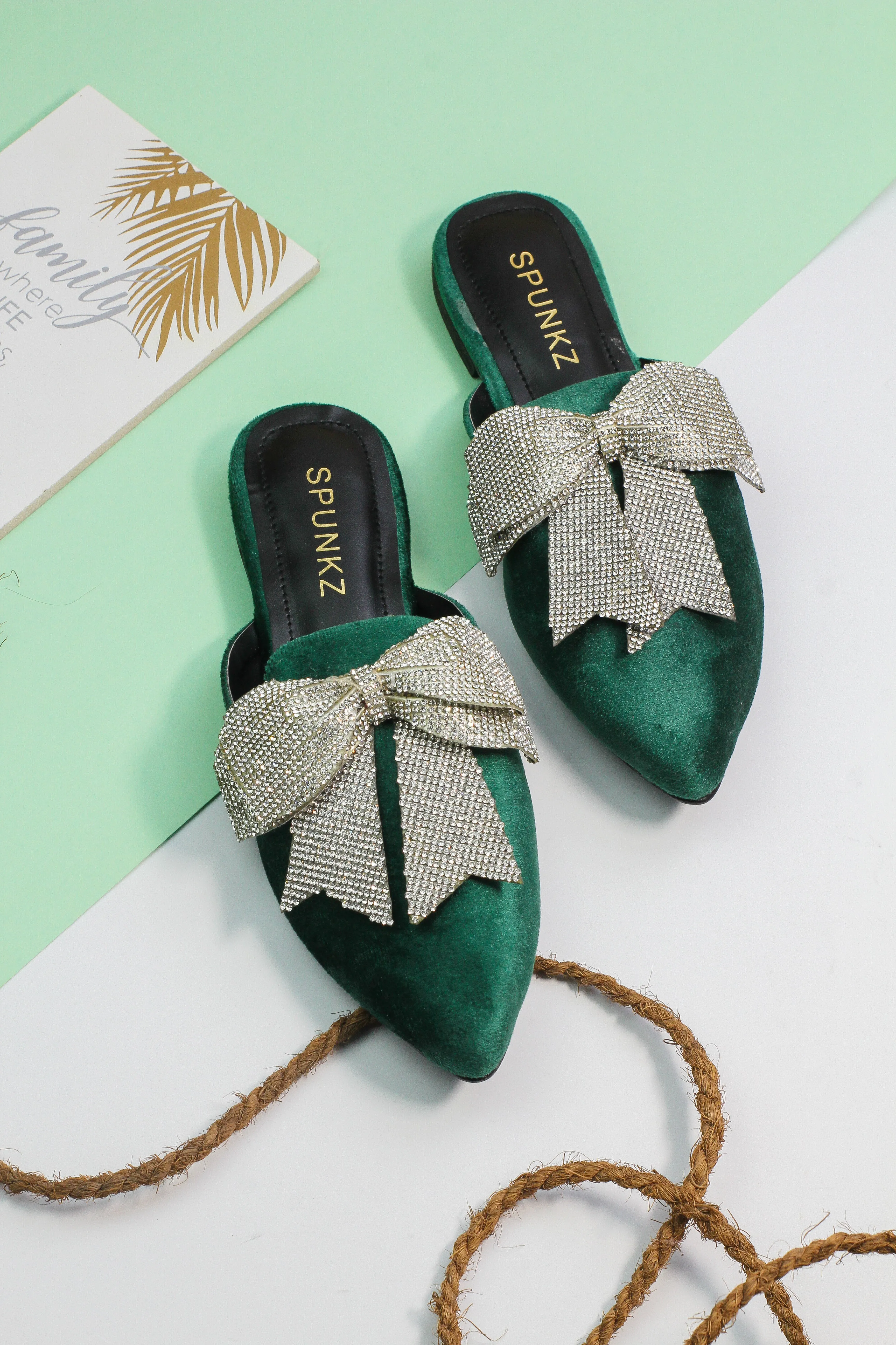 Annabel Green Rhinestone Suede Bow Mules