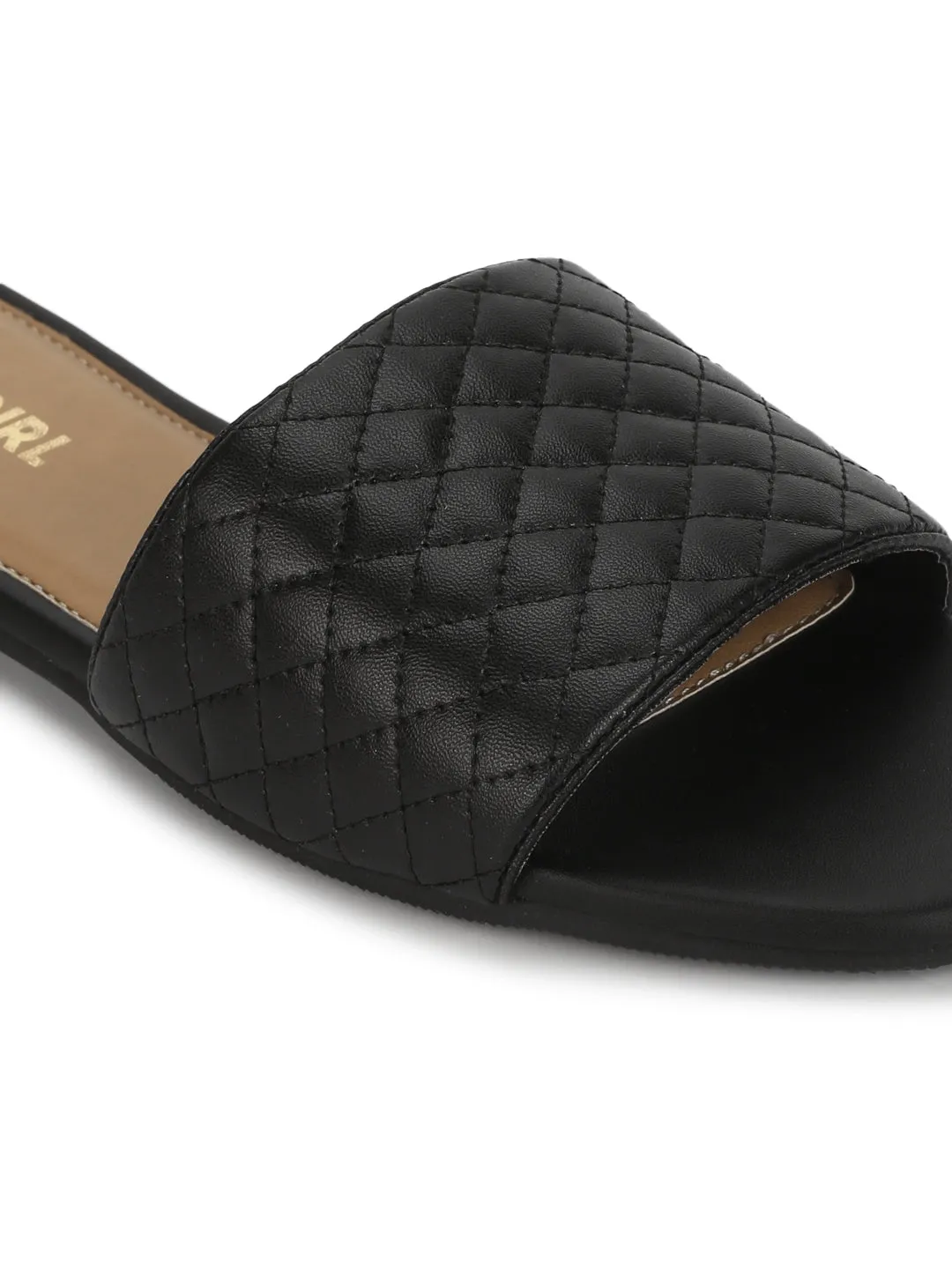 Black Quilted PU Slide on Flat Sandals