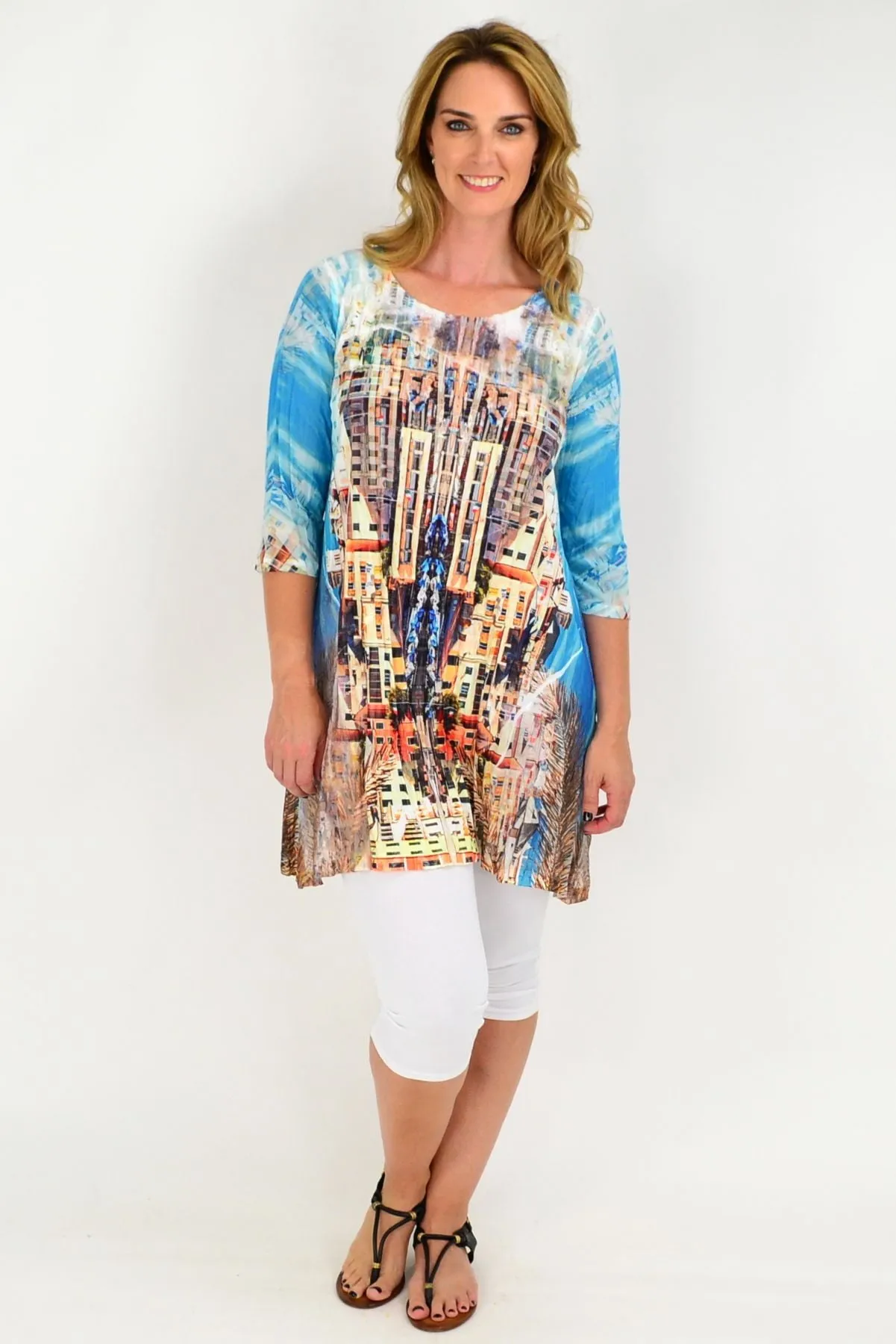 Blue Apartment Building Lace Trim Tunic Top