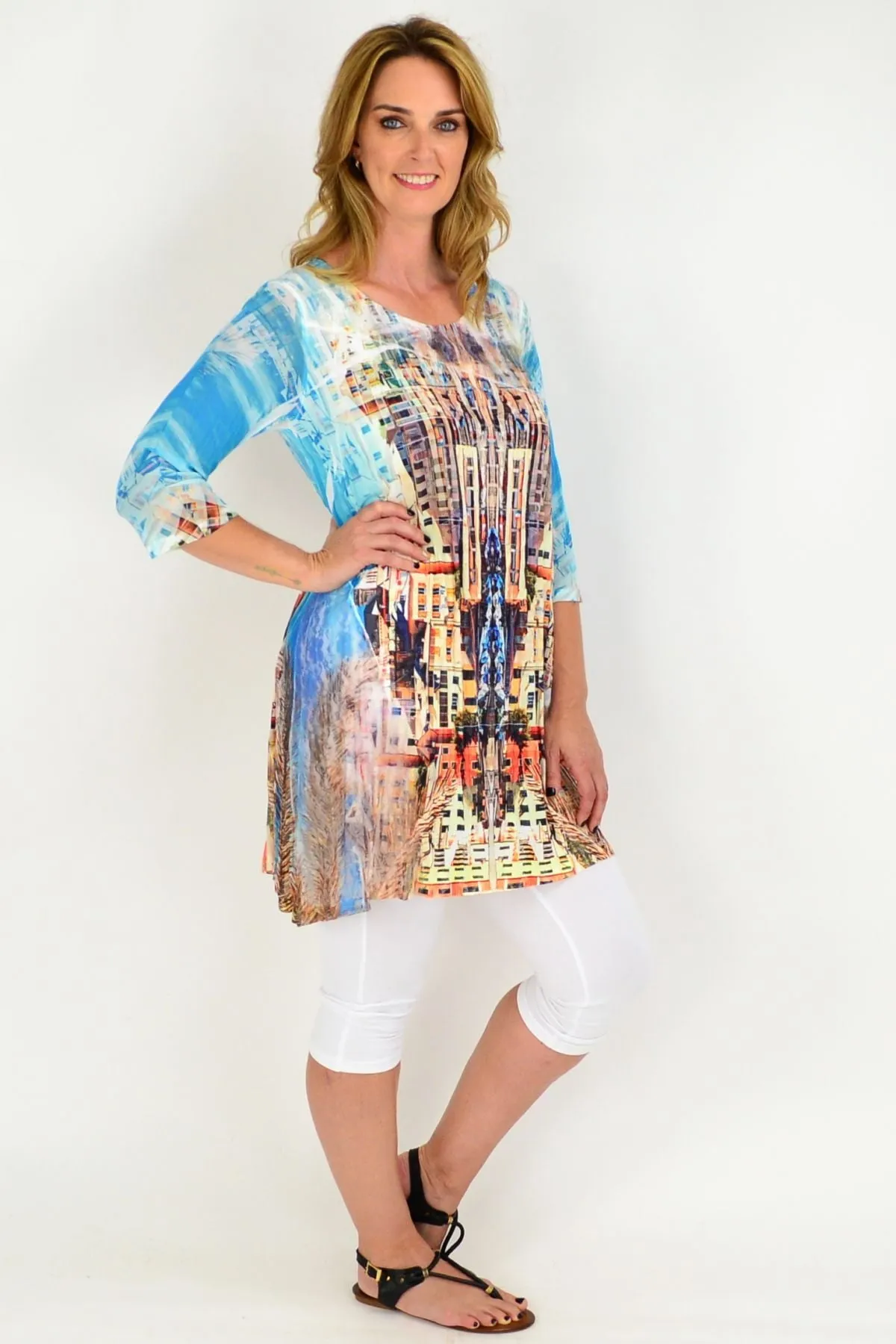 Blue Apartment Building Lace Trim Tunic Top