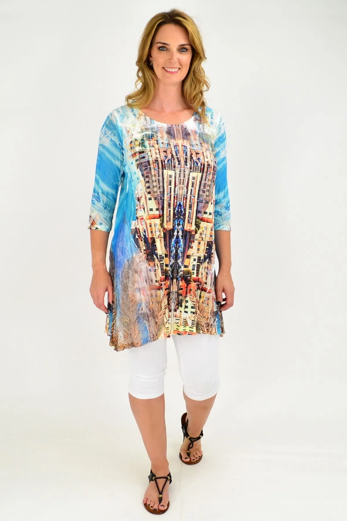 Blue Apartment Building Lace Trim Tunic Top