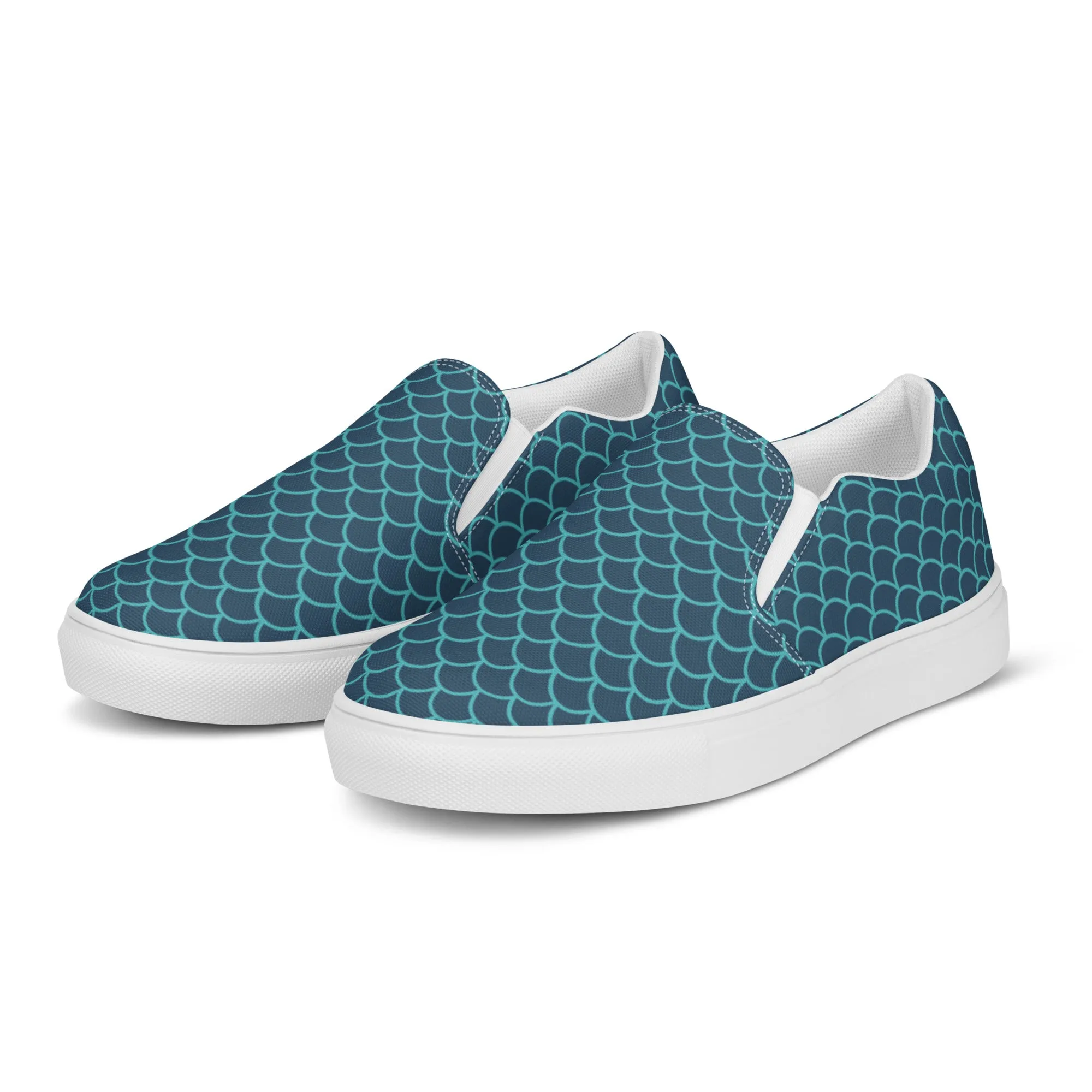 Blue Mermaid Women's Slip Ons, Mermaid Scales Print Women’s Slip-On Canvas Shoes (US Size: 5-12)