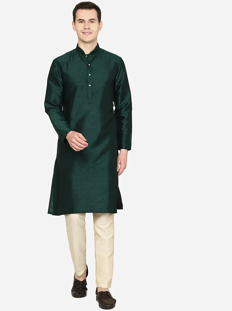 Bottle Green Printed Silk Blend Kurta for Men