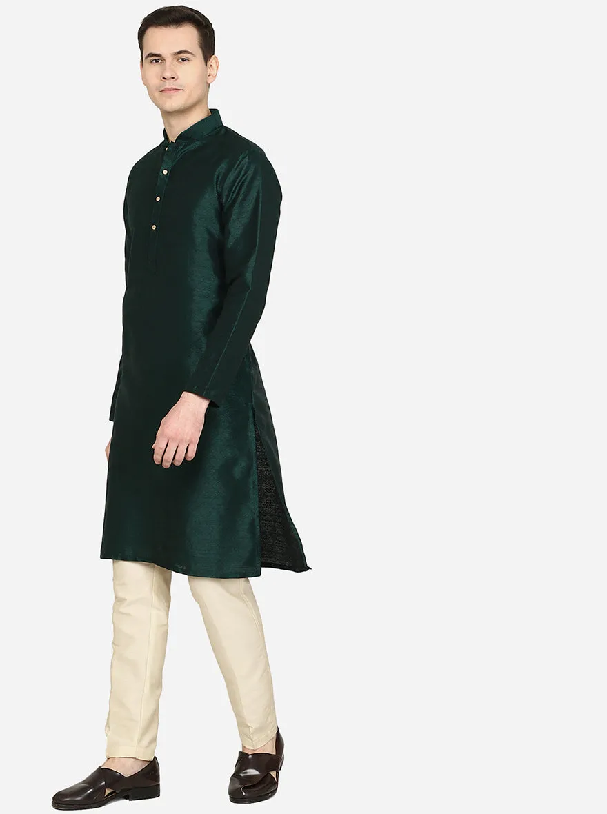 Bottle Green Printed Silk Blend Kurta for Men