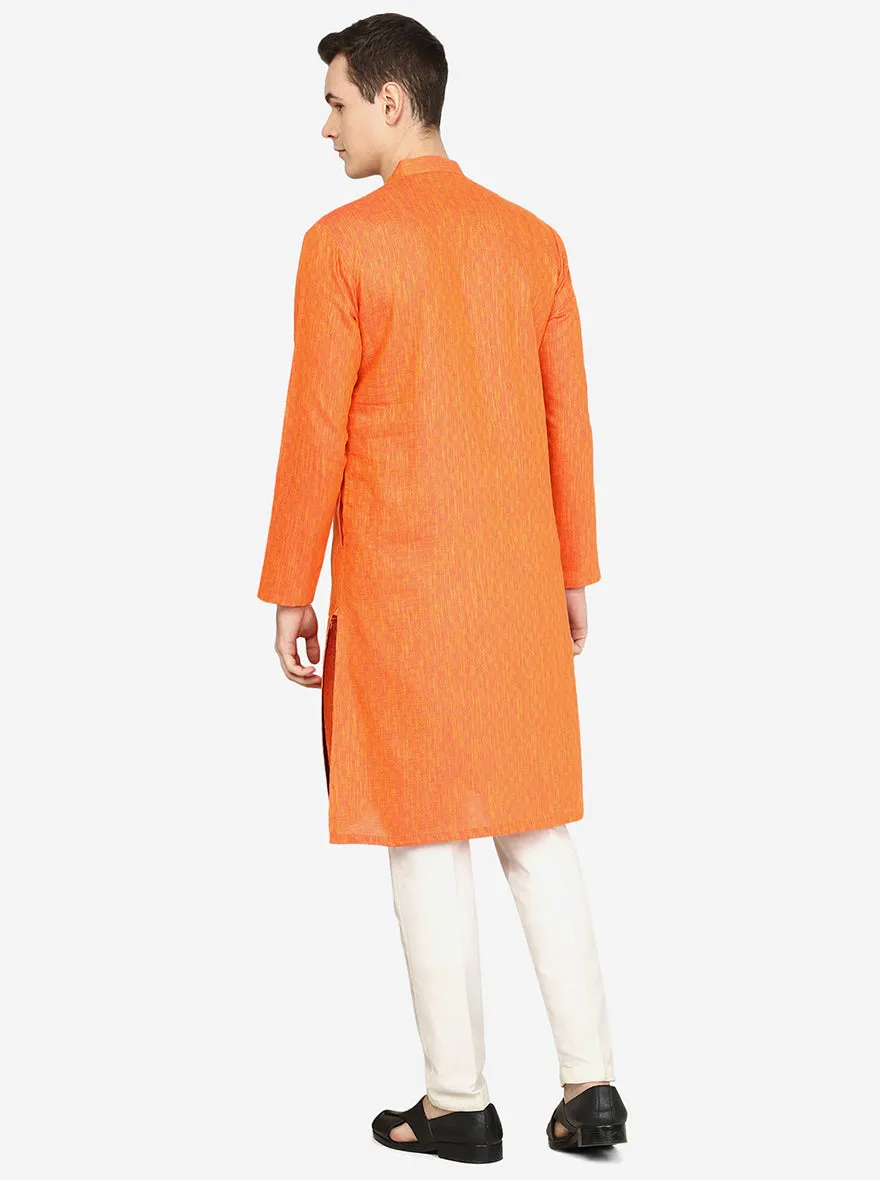 Bright Orange Printed Silk Blend Kurta for Men