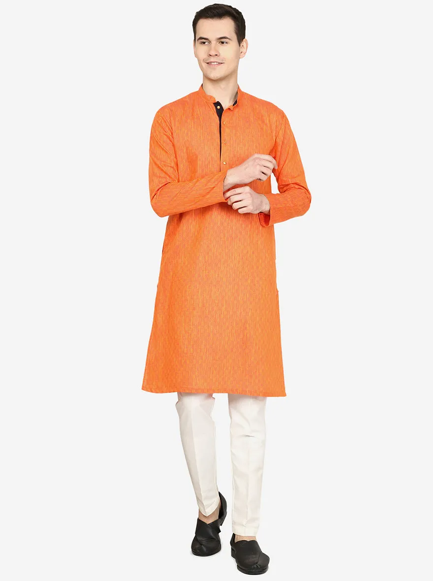 Bright Orange Printed Silk Blend Kurta for Men