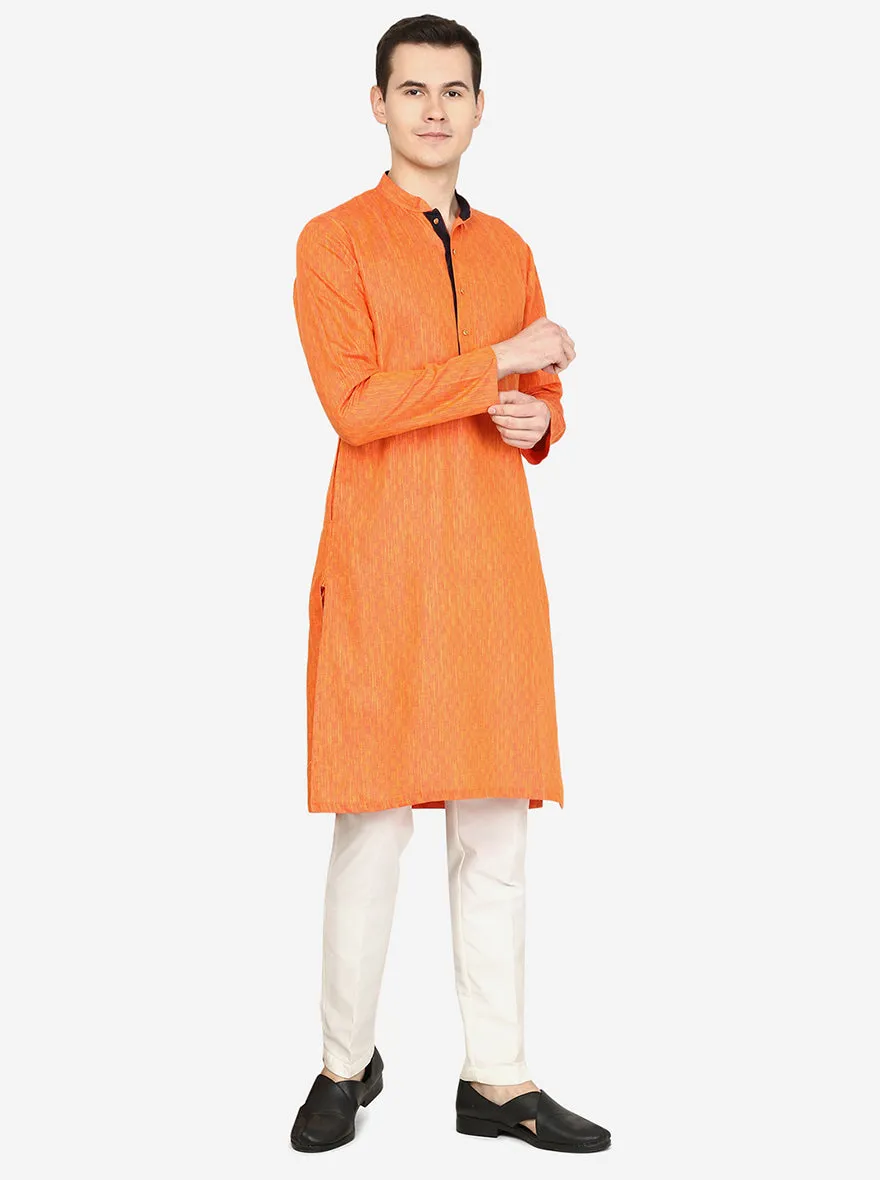 Bright Orange Printed Silk Blend Kurta for Men