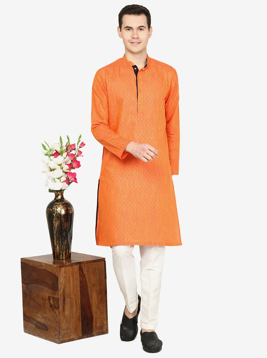 Bright Orange Printed Silk Blend Kurta for Men