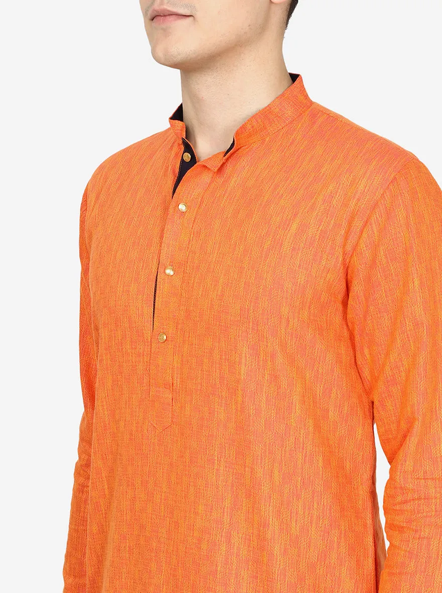 Bright Orange Printed Silk Blend Kurta for Men