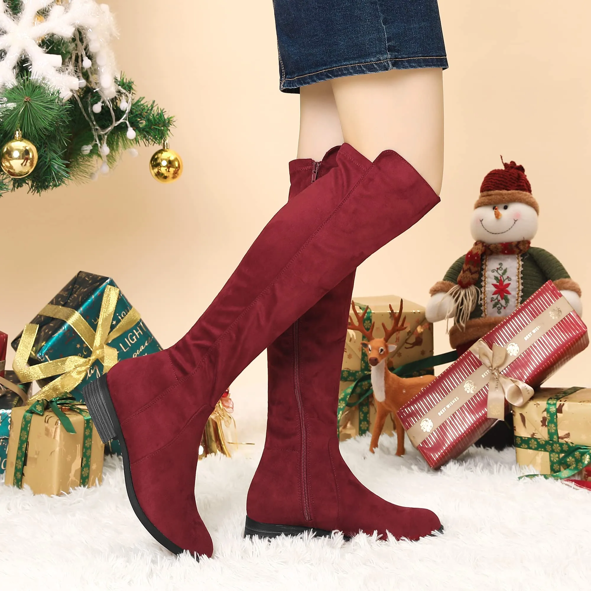 Burgundy Suede Knee High Side Zipper Boots