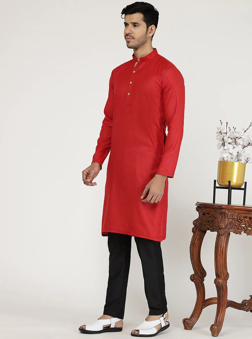 Cherry Red Solid Cotton Blend Kurta for Men