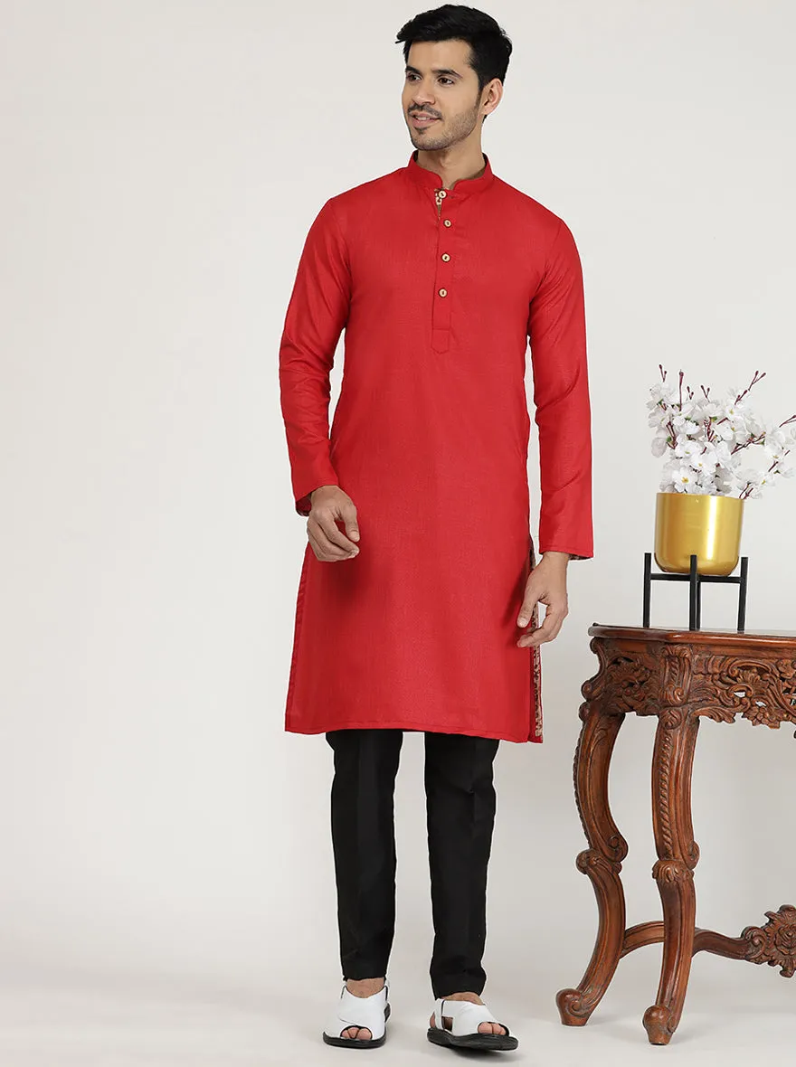 Cherry Red Solid Cotton Blend Kurta for Men