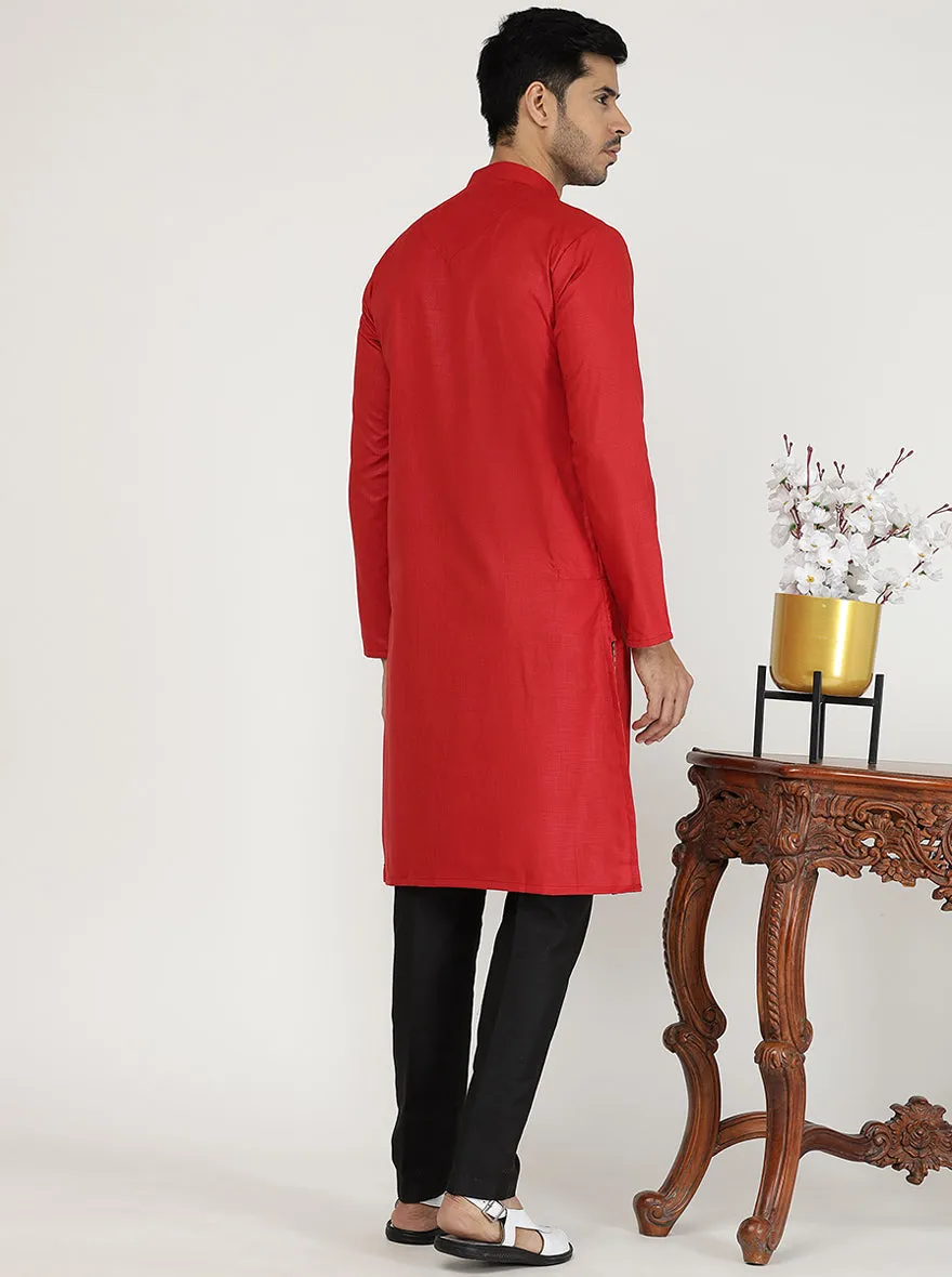 Cherry Red Solid Cotton Blend Kurta for Men