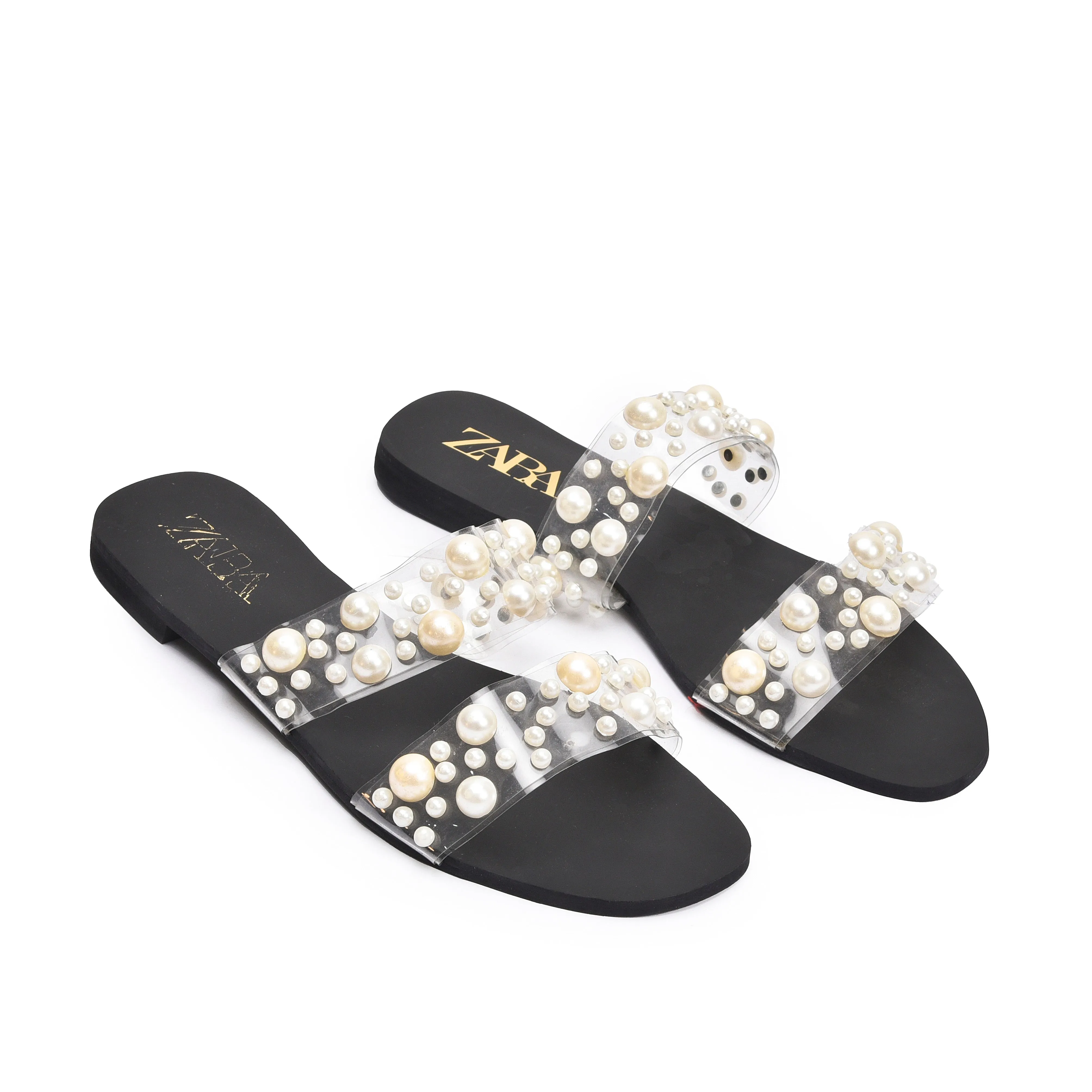 Chic Black Flats with Pearl Embellishments | 519K-C