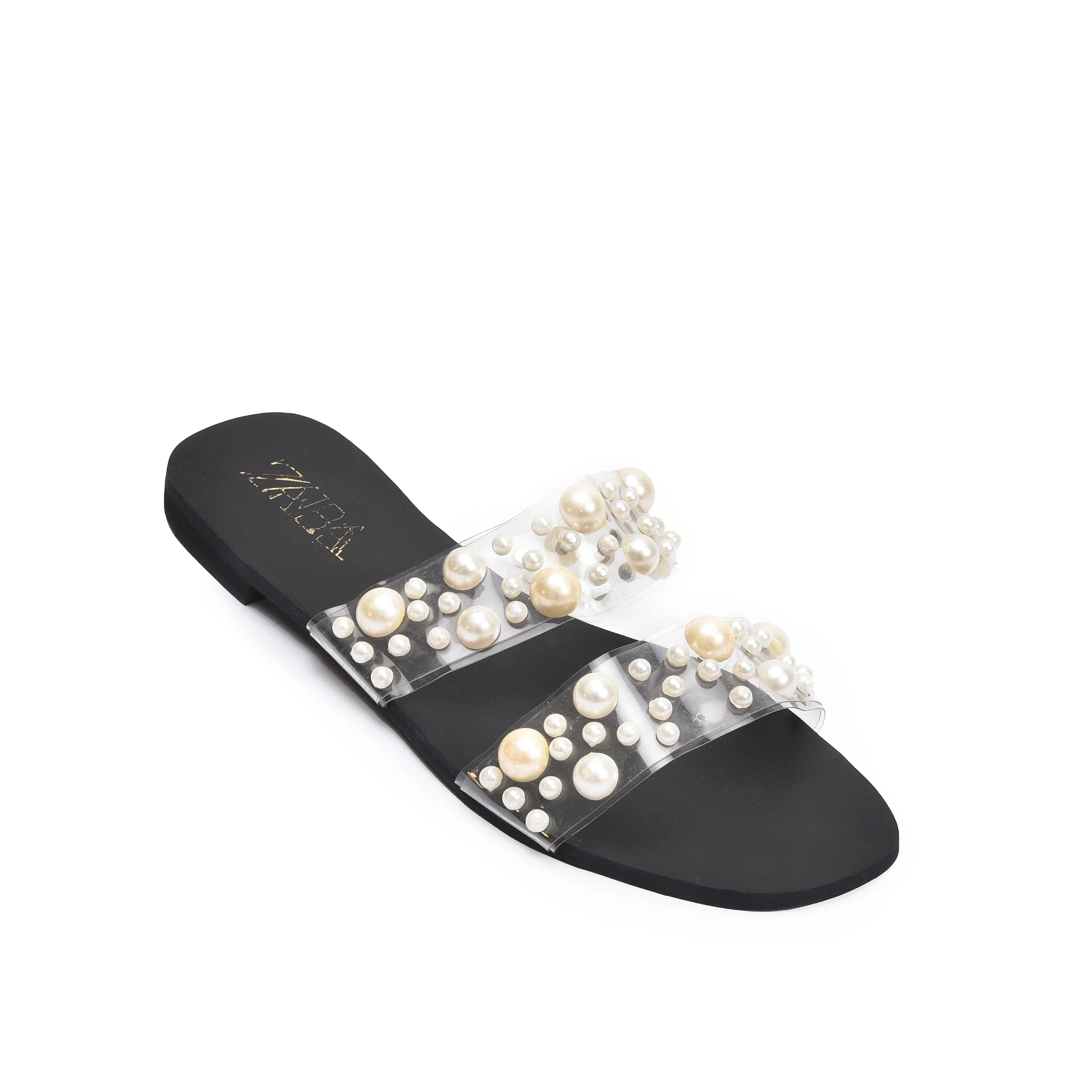 Chic Black Flats with Pearl Embellishments | 519K-C