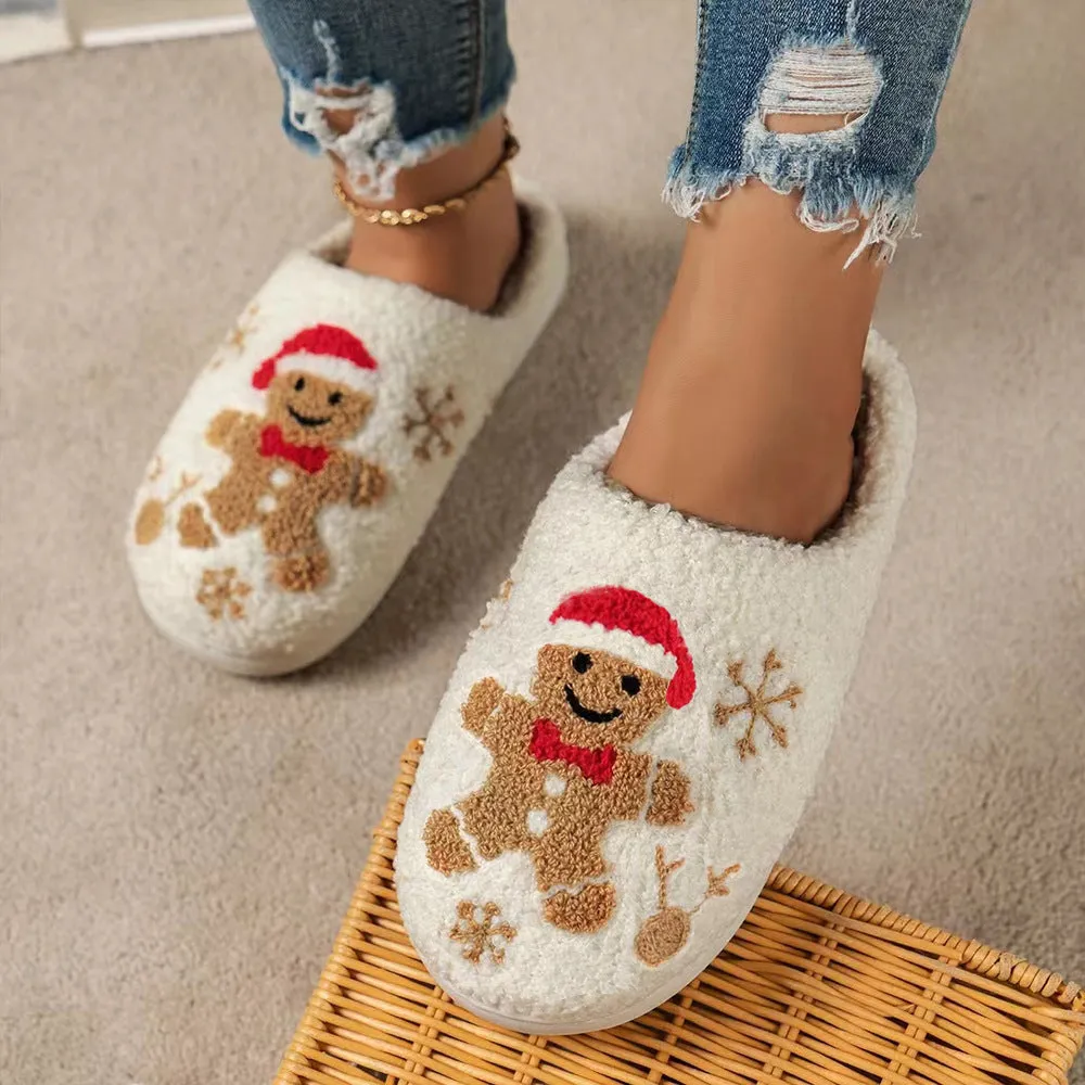 Christmas Snowflake Gingerbread Slippers Winter Indoor Non-slip Floor Bedroom Fuzzy House Shoes