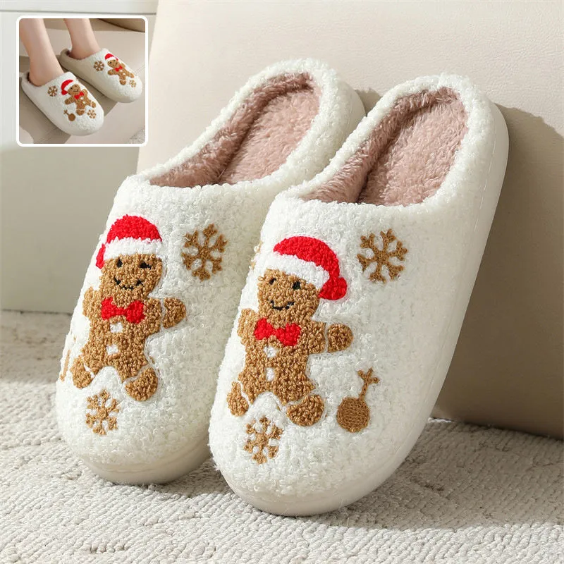 Christmas Snowflake Gingerbread Slippers Winter Indoor Non-slip Floor Bedroom Fuzzy House Shoes