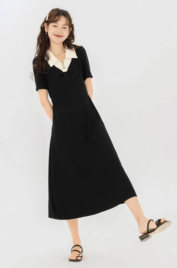 Contrast Collar Puff Shoulder Midi Dress