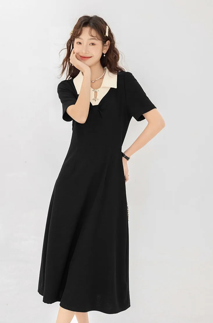 Contrast Collar Puff Shoulder Midi Dress