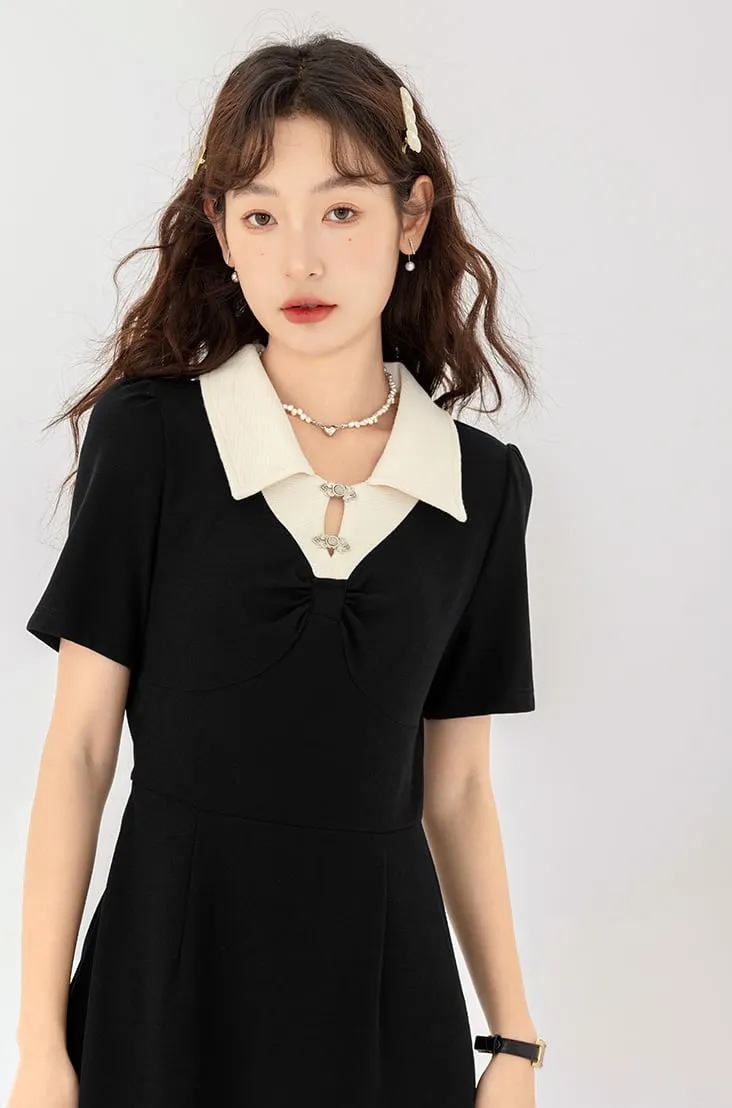 Contrast Collar Puff Shoulder Midi Dress