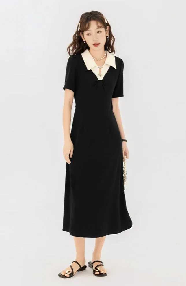 Contrast Collar Puff Shoulder Midi Dress