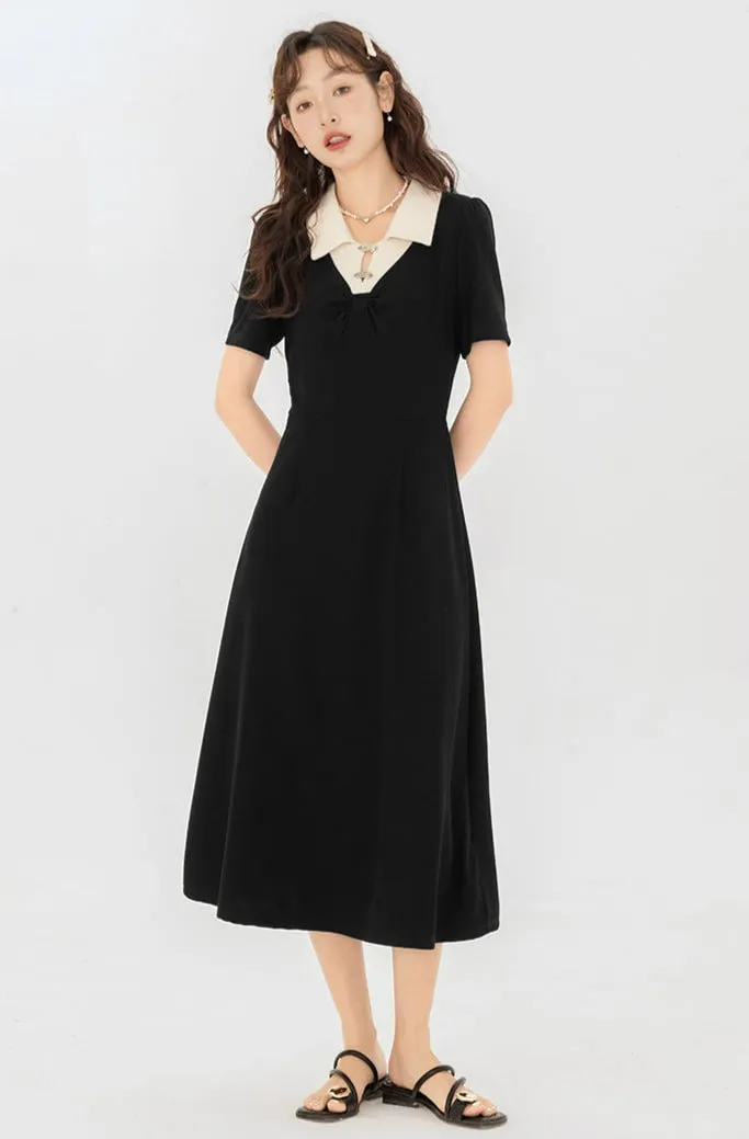 Contrast Collar Puff Shoulder Midi Dress