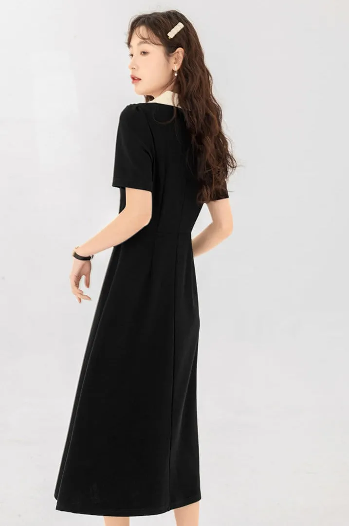 Contrast Collar Puff Shoulder Midi Dress