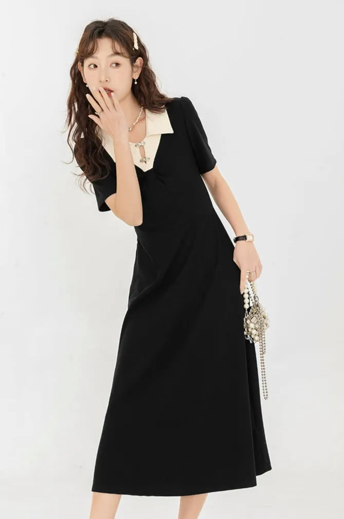 Contrast Collar Puff Shoulder Midi Dress