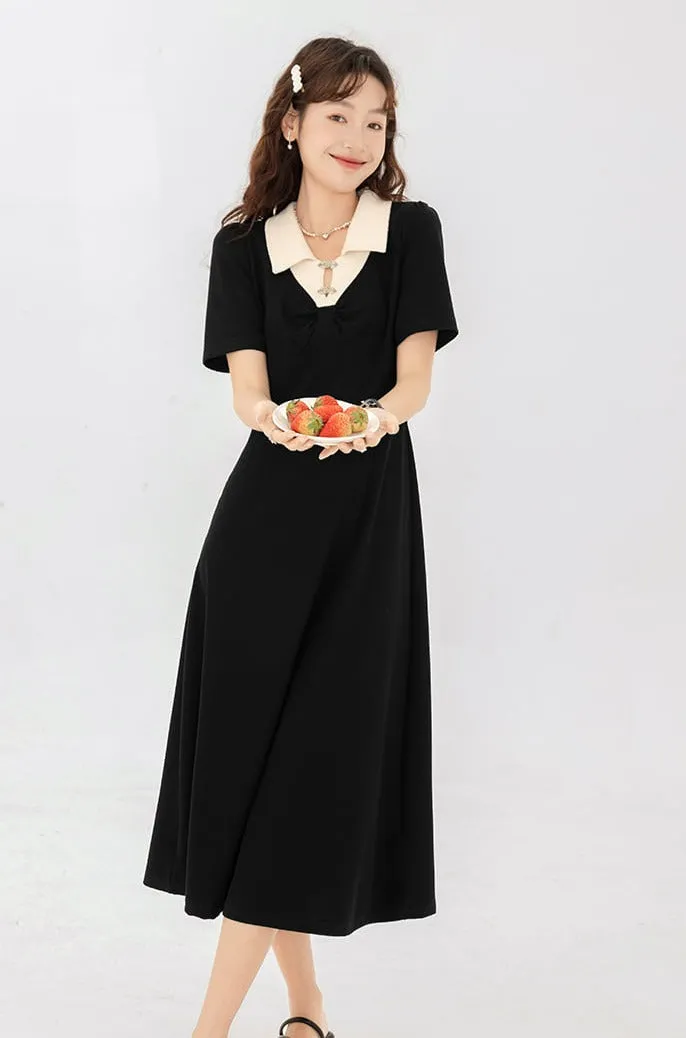 Contrast Collar Puff Shoulder Midi Dress