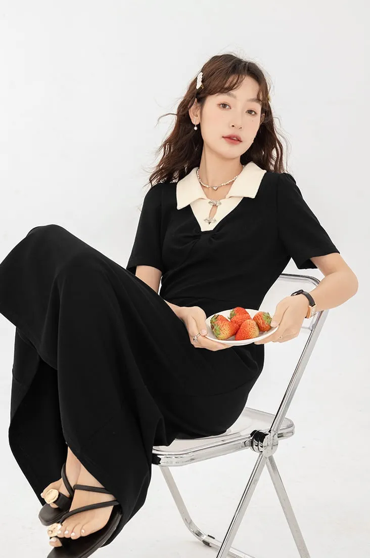 Contrast Collar Puff Shoulder Midi Dress