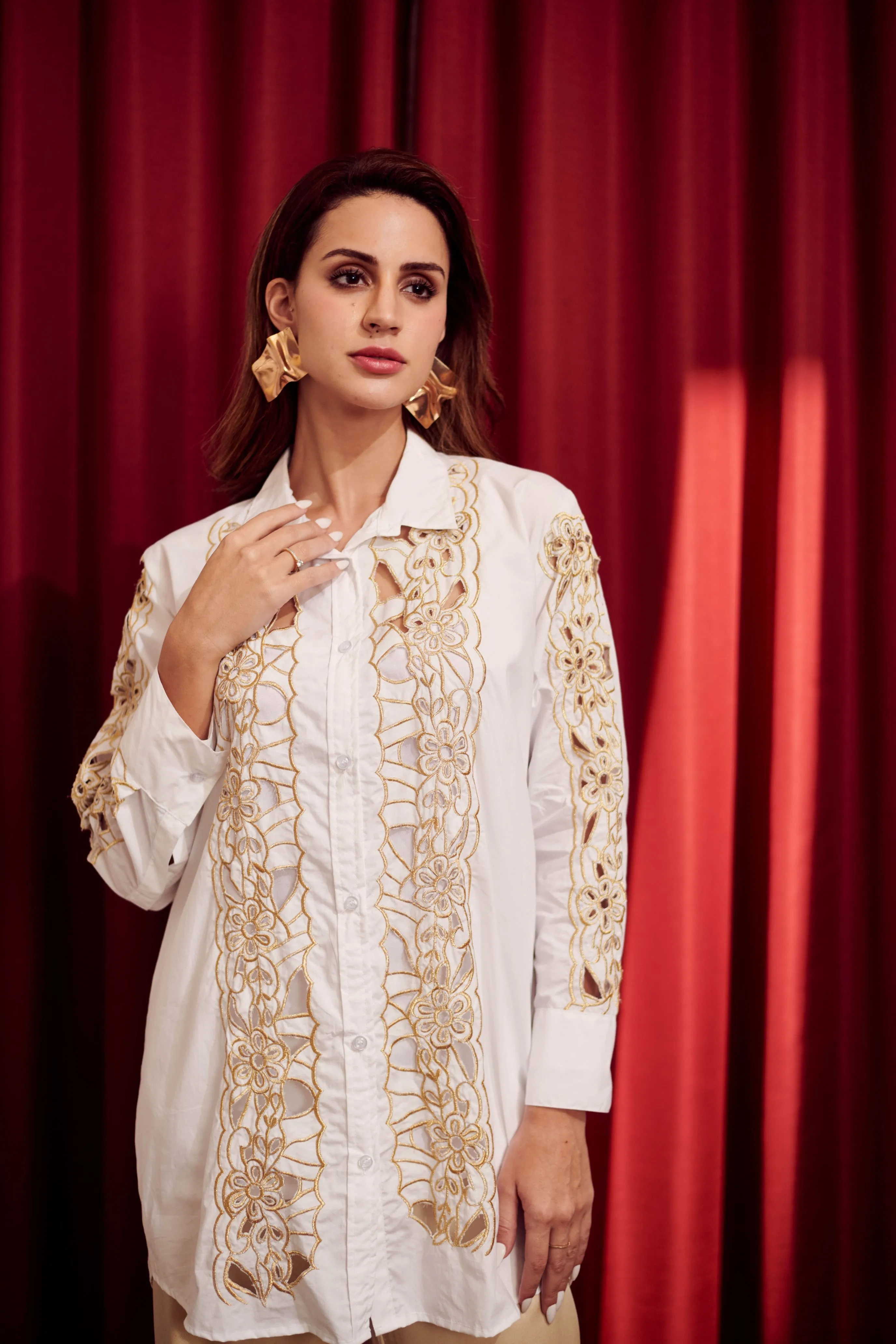 Cutwork Metallic Embroidered Shirt for Ladies