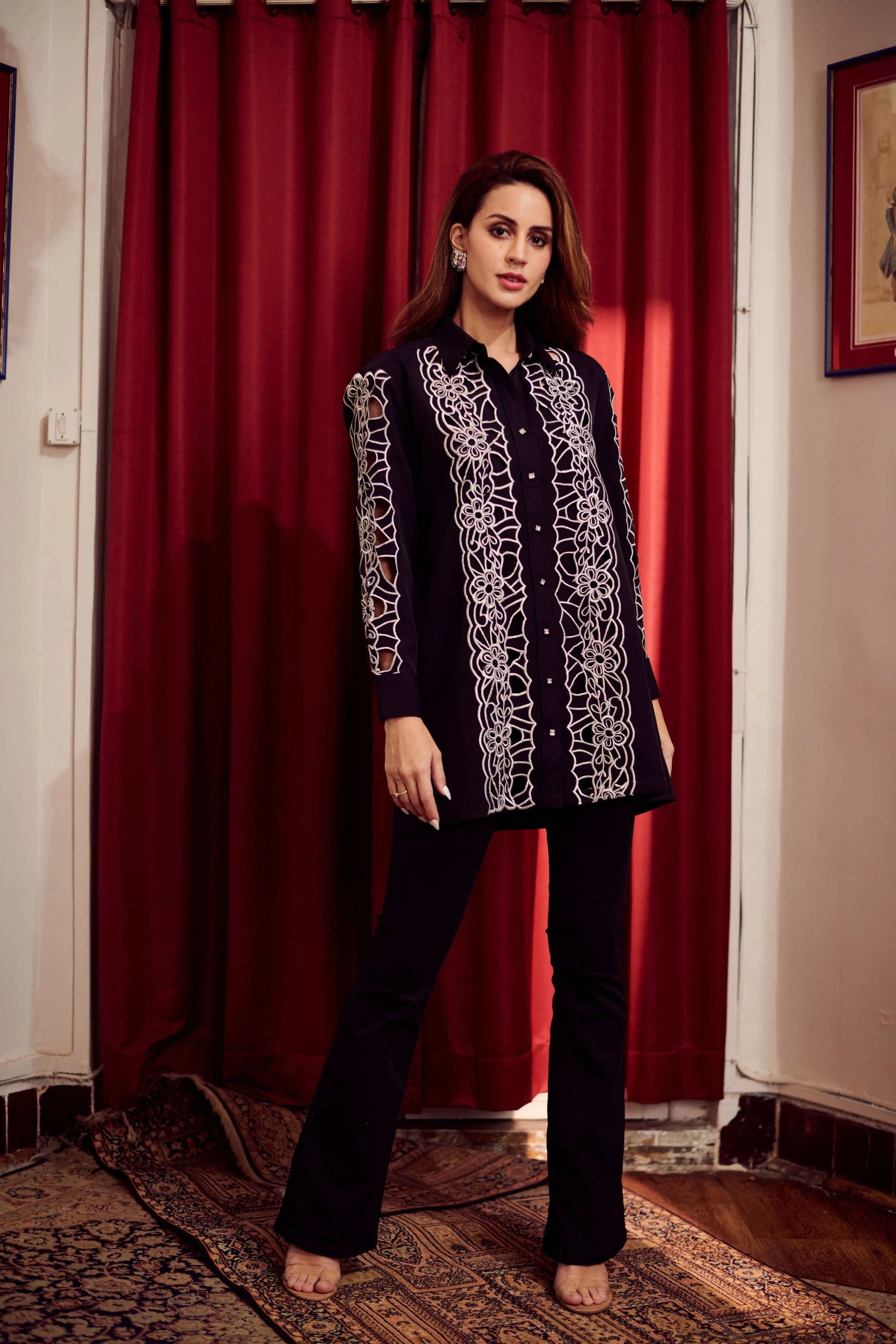 Cutwork Metallic Embroidered Shirt for Ladies