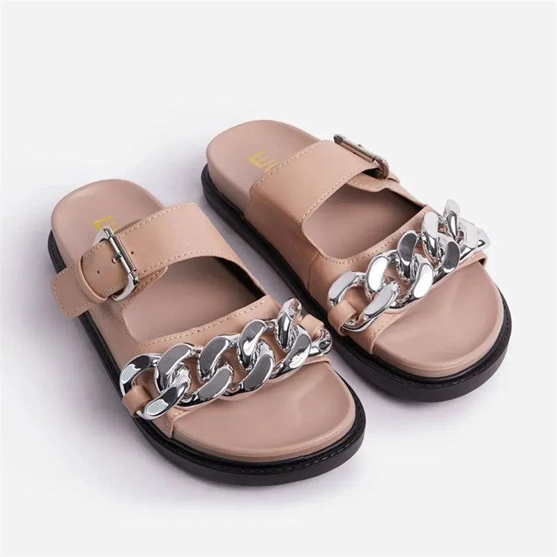 EGO Chain Designed Comfy Ladies Slipper - Beige