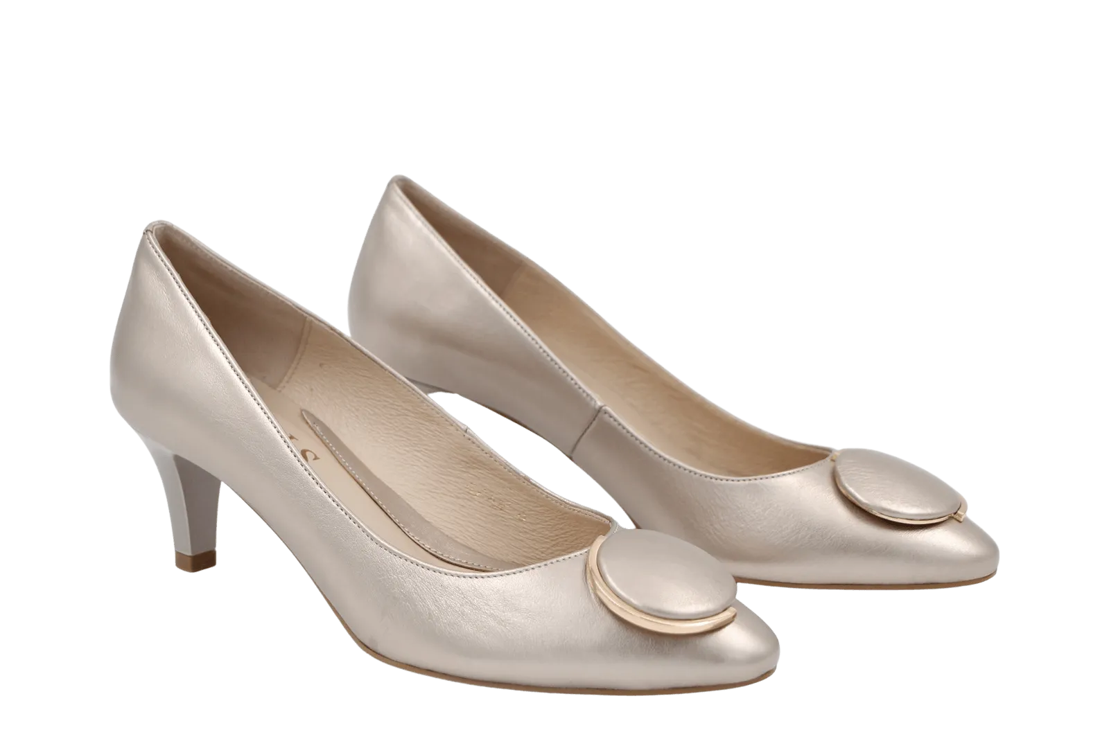 EMIS Pale Gold Mid Heel Shoe with button detail