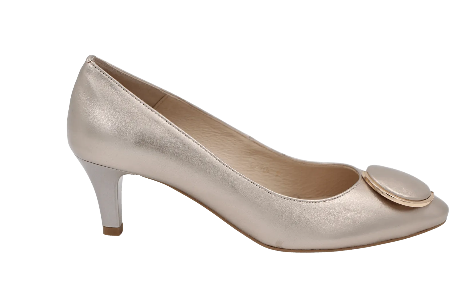 EMIS Pale Gold Mid Heel Shoe with button detail