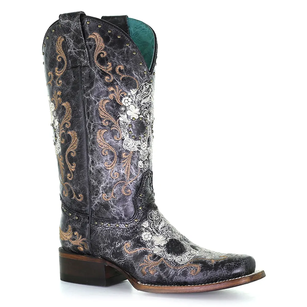 Floral Embroidery & Studs Square Toe Cowboy Boots