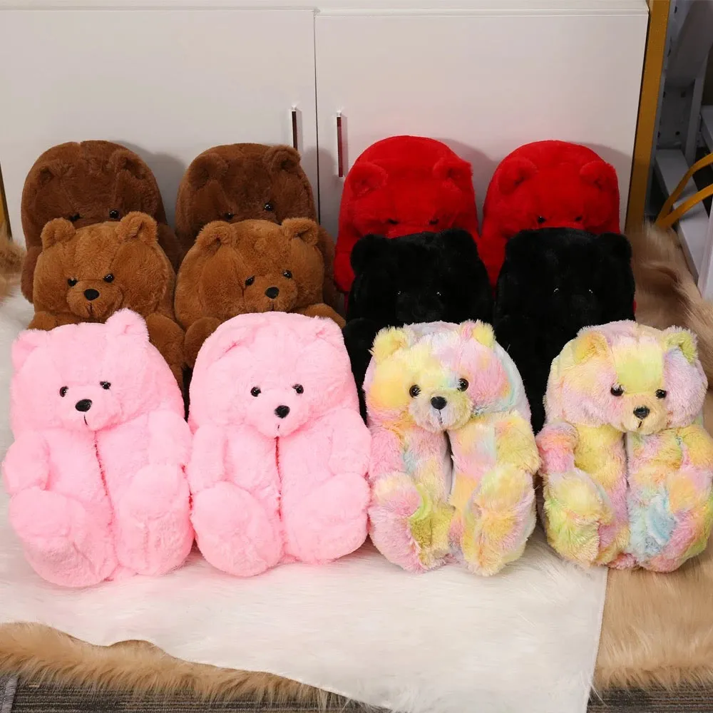 Fluffy big comfy bear slippers slides bedroom shoes