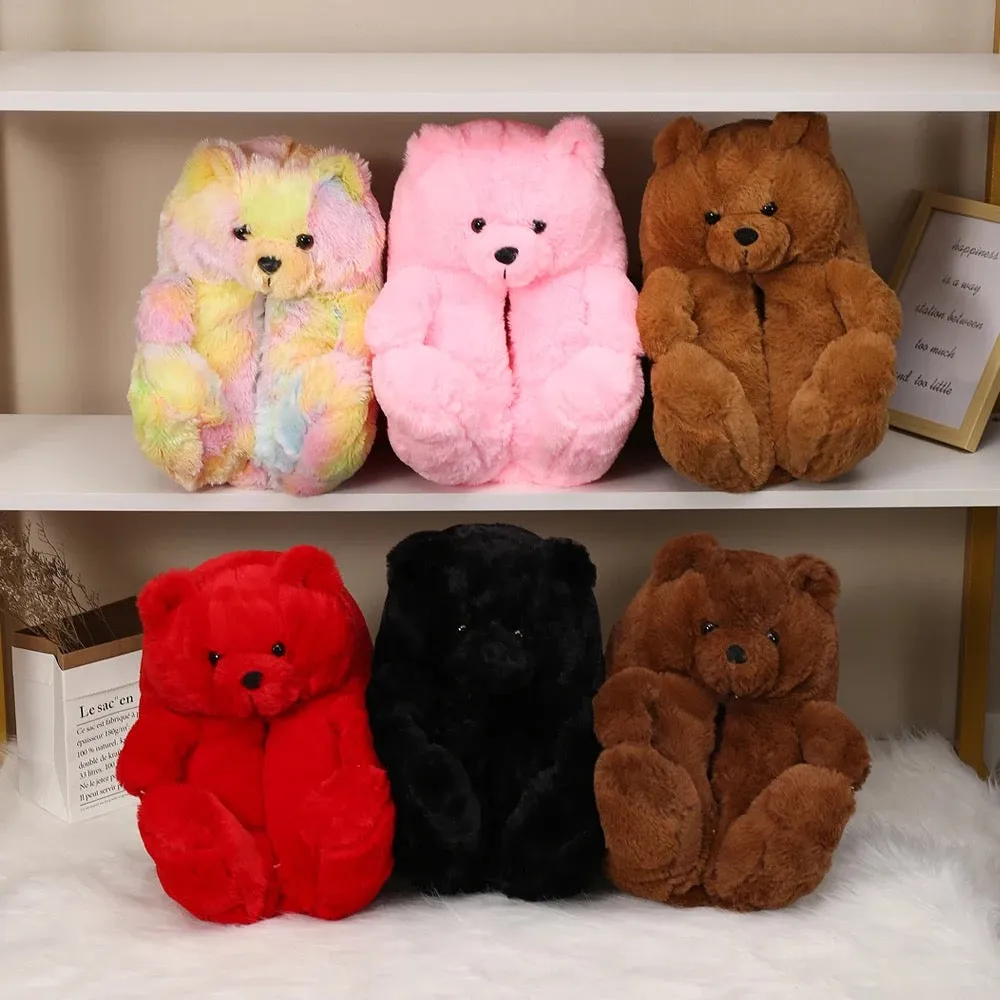 Fluffy big comfy bear slippers slides bedroom shoes