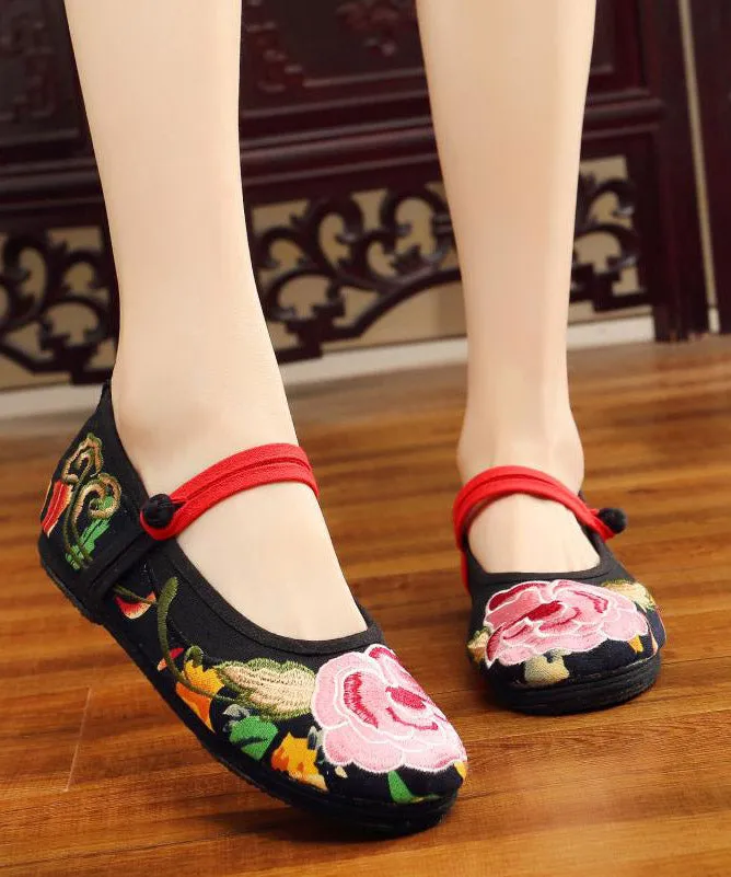 Green Flat Shoes Embroideried Comfy Cotton Fabric Buckle Strap Flat Shoes For Women