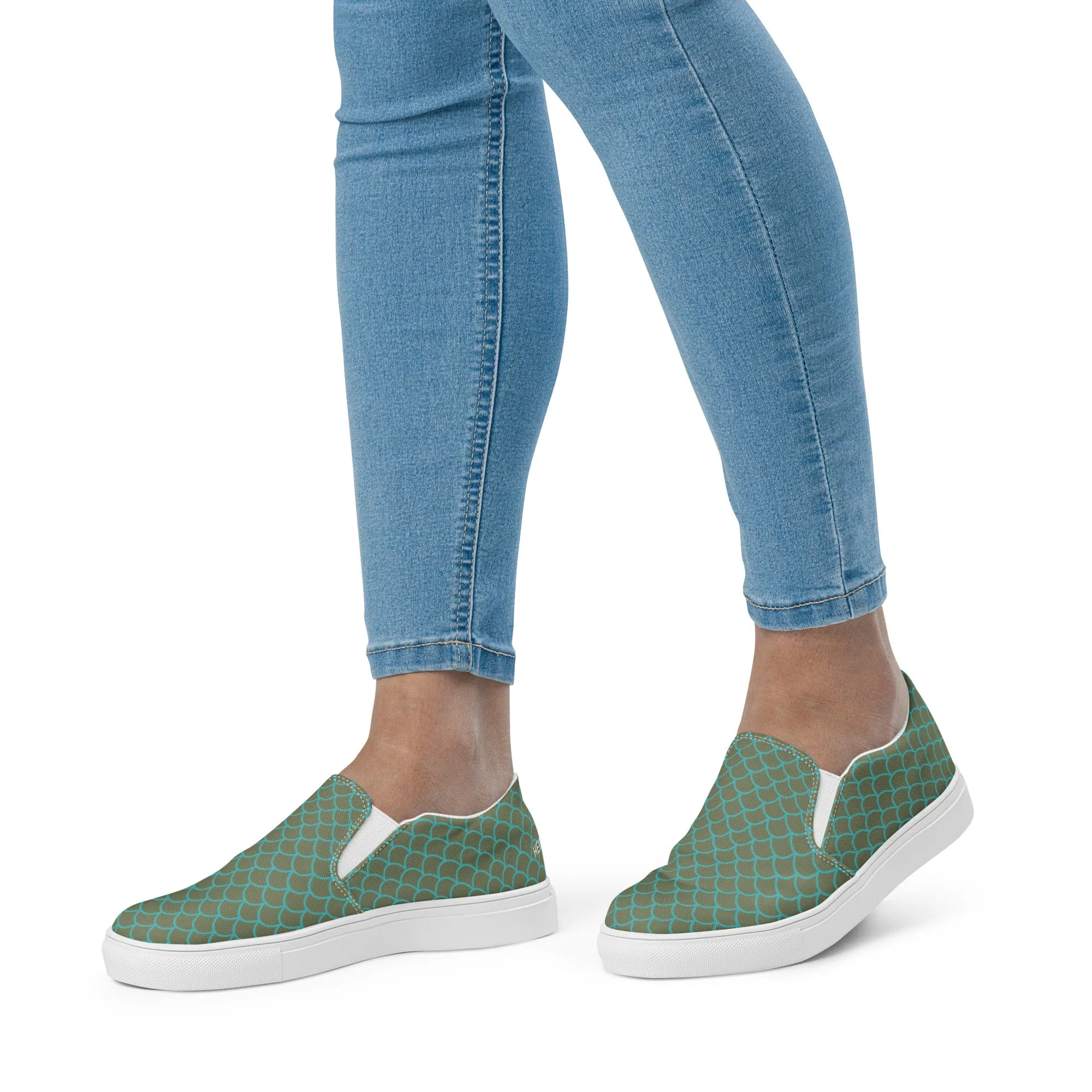 Green Mermaid Print Slip Ons, Green Blue Mermaid Scales Print Women’s Slip-On Canvas Shoes (US Size: 5-12)