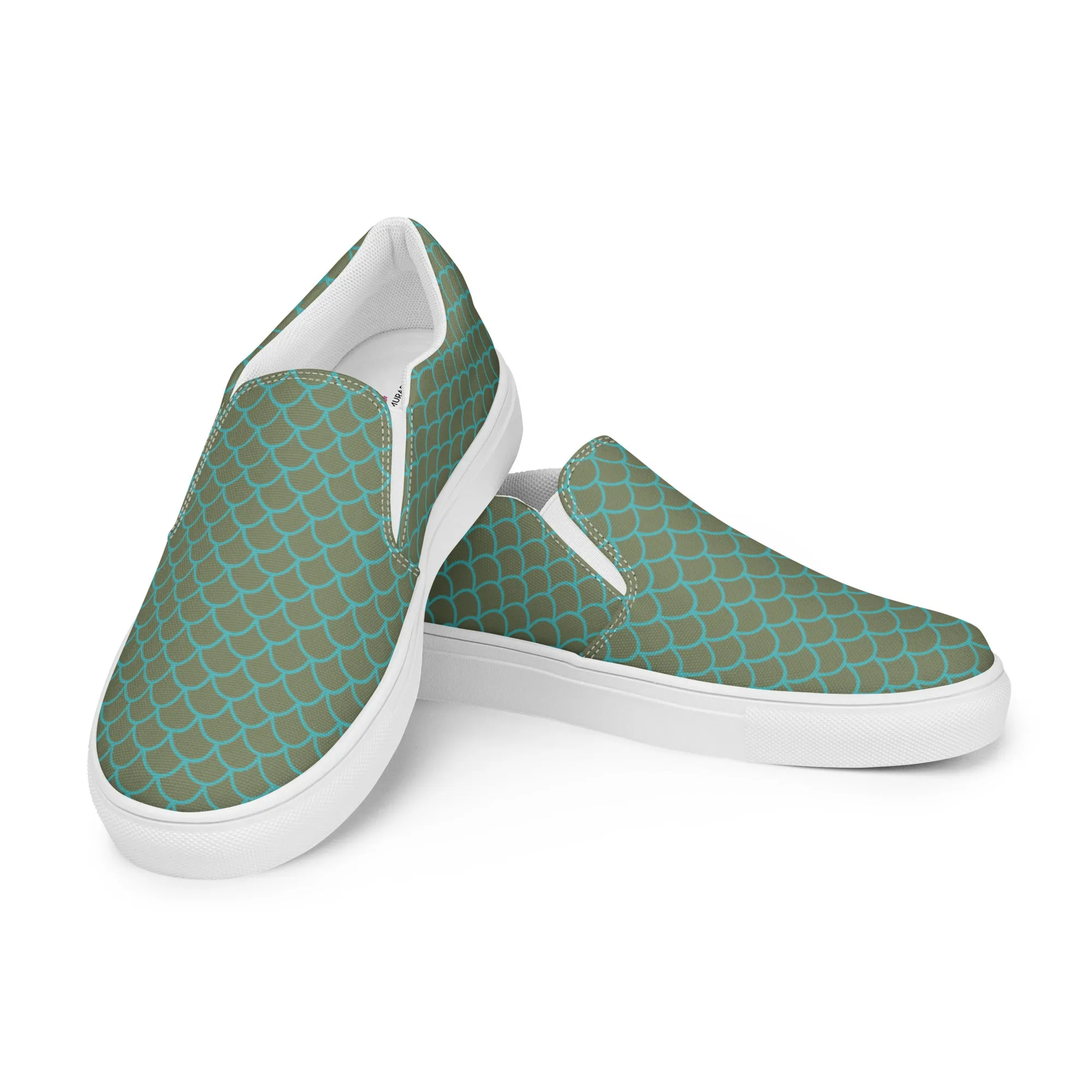 Green Mermaid Print Slip Ons, Green Blue Mermaid Scales Print Women’s Slip-On Canvas Shoes (US Size: 5-12)