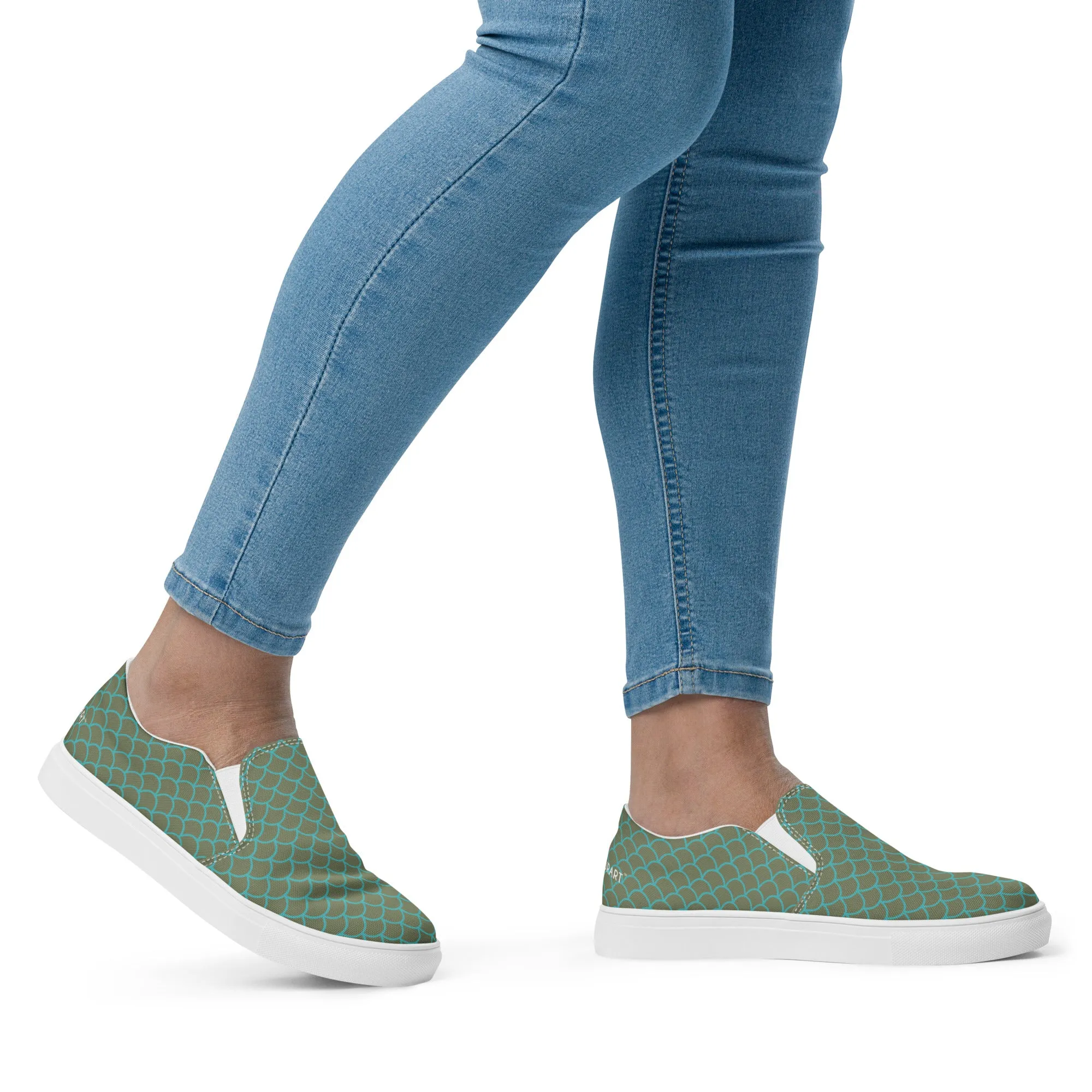 Green Mermaid Print Slip Ons, Green Blue Mermaid Scales Print Women’s Slip-On Canvas Shoes (US Size: 5-12)