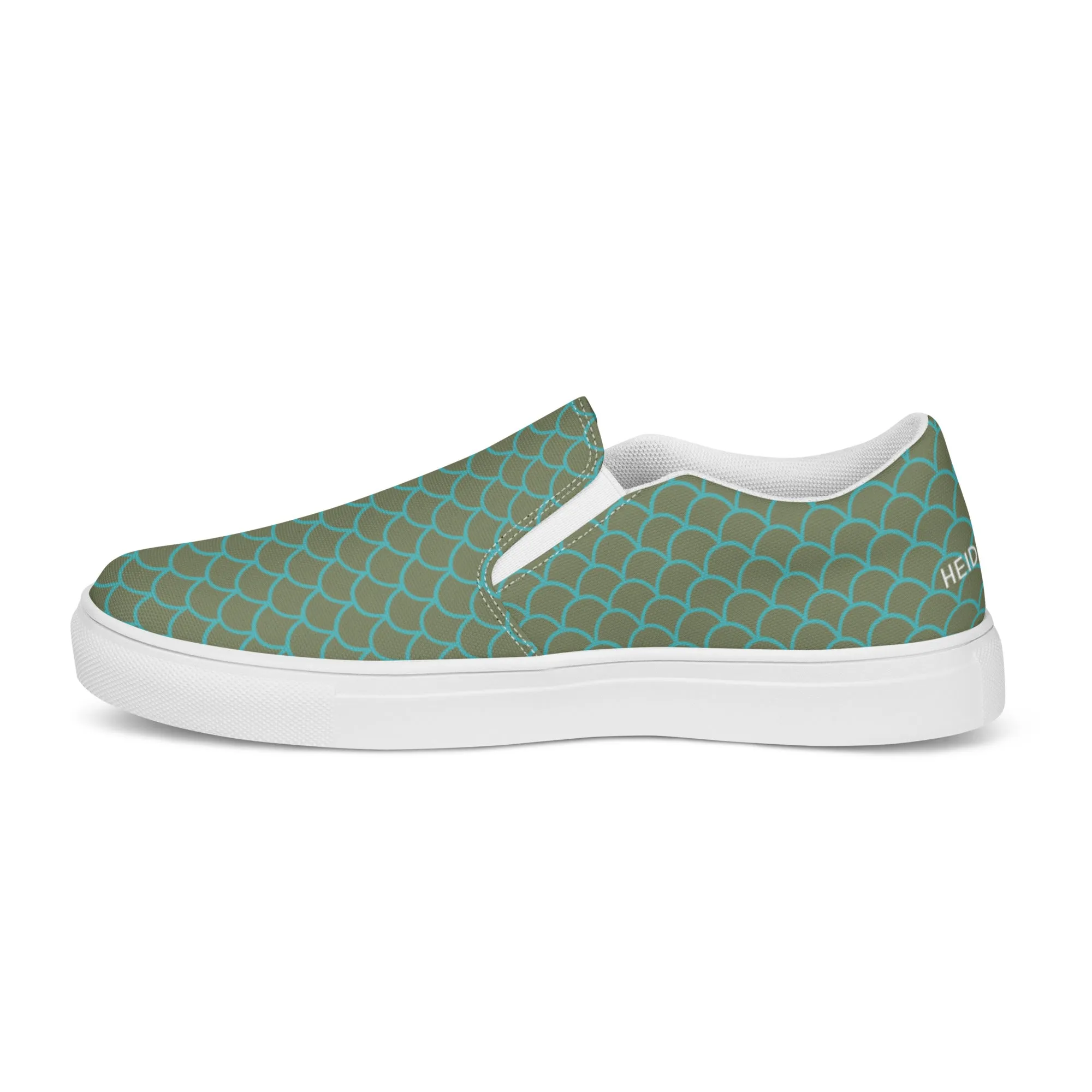 Green Mermaid Print Slip Ons, Green Blue Mermaid Scales Print Women’s Slip-On Canvas Shoes (US Size: 5-12)