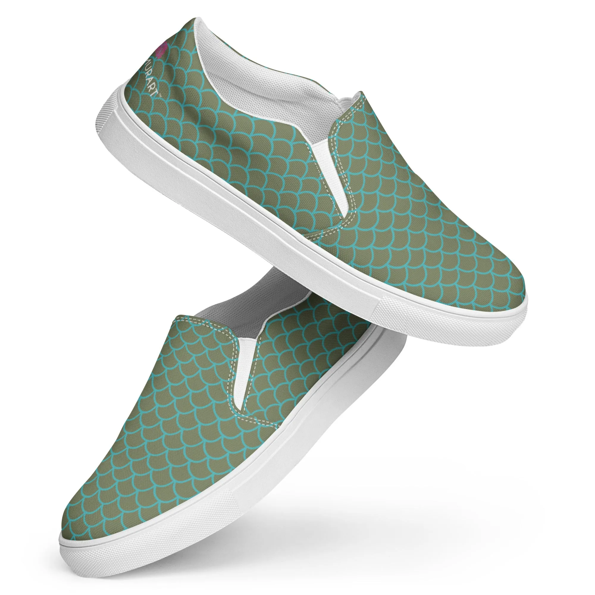 Green Mermaid Print Slip Ons, Green Blue Mermaid Scales Print Women’s Slip-On Canvas Shoes (US Size: 5-12)