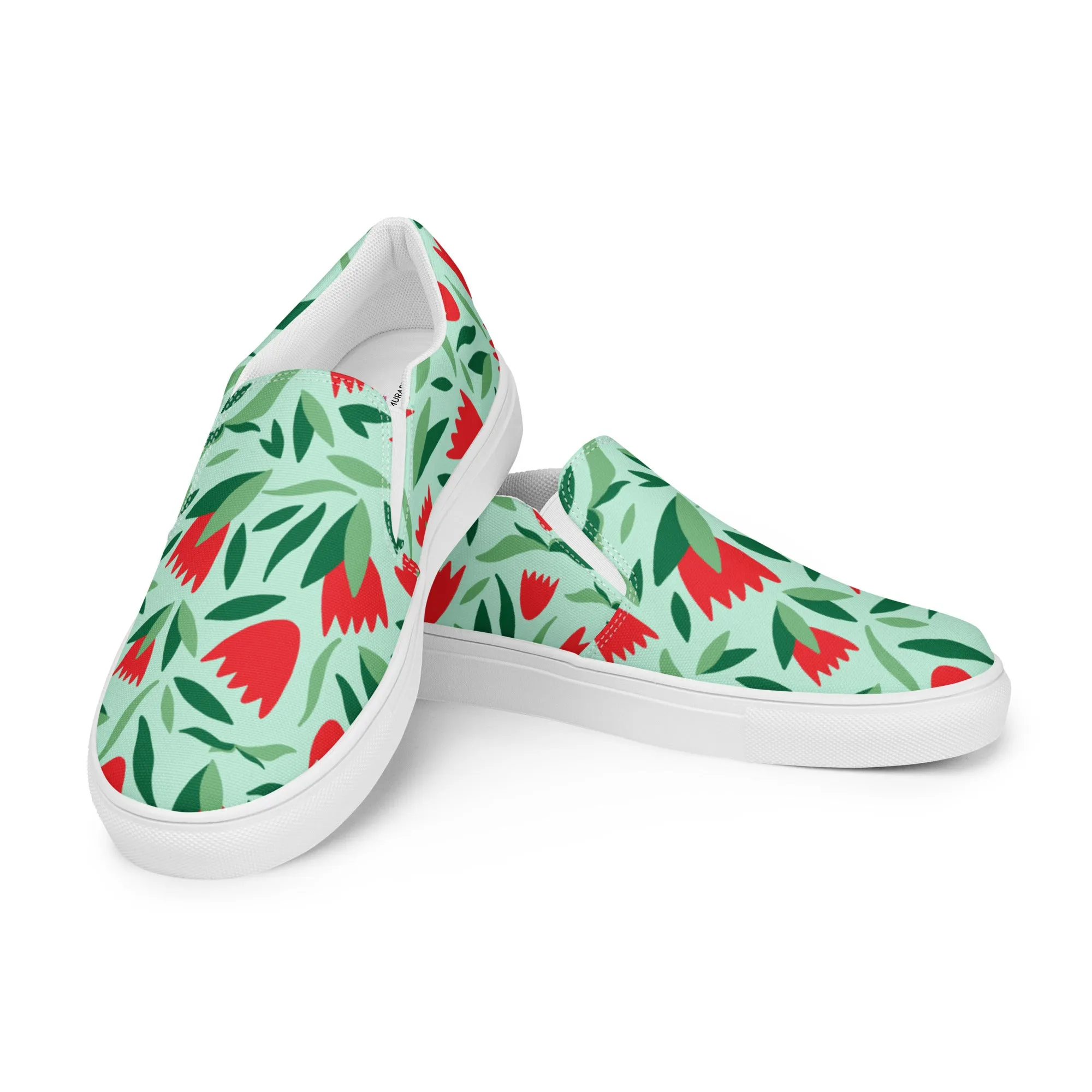 Green Red Floral Women's Shoes, Red Floral Flower Print Women’s Slip-On Canvas Shoes (US Size: 5-12)