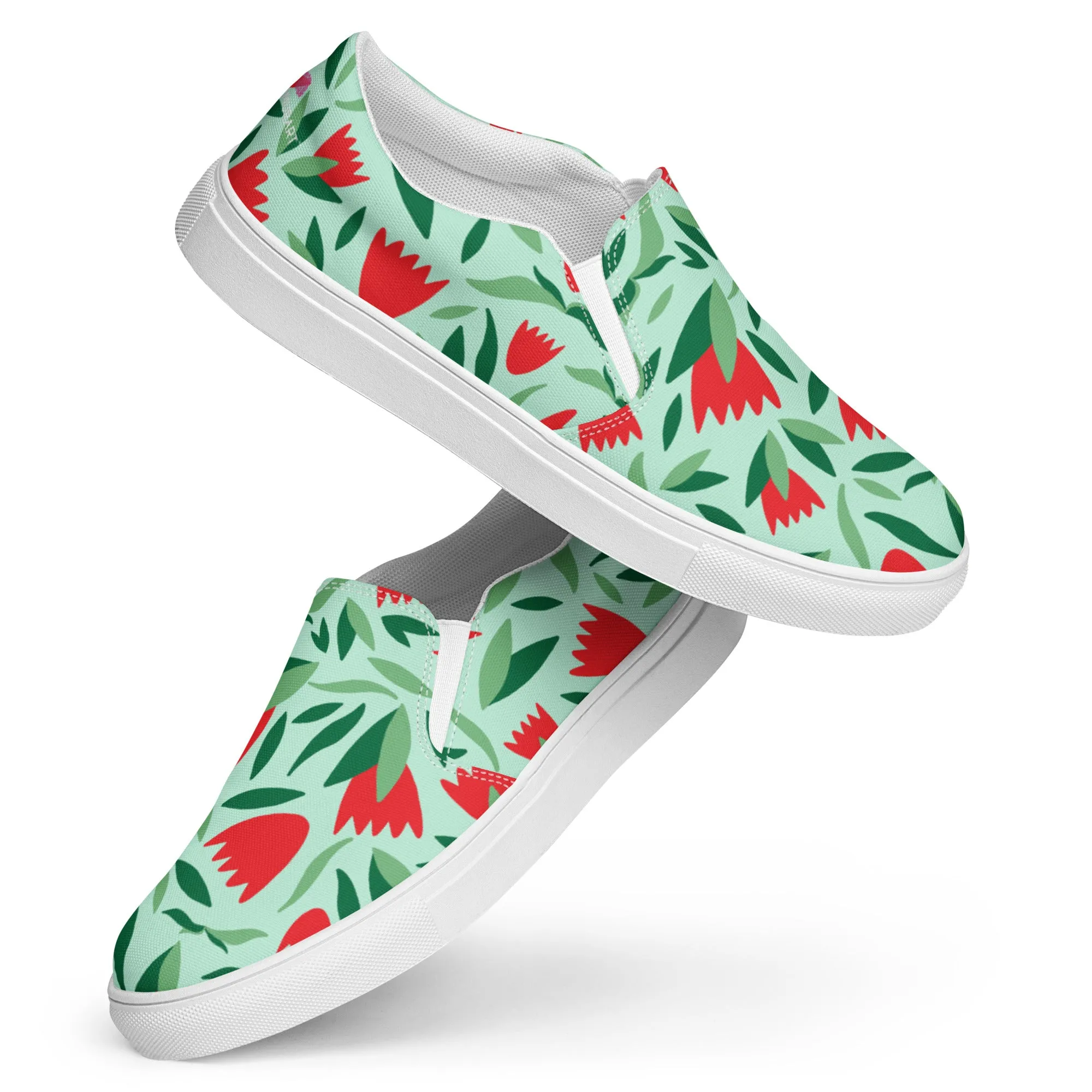 Green Red Floral Women's Shoes, Red Floral Flower Print Women’s Slip-On Canvas Shoes (US Size: 5-12)