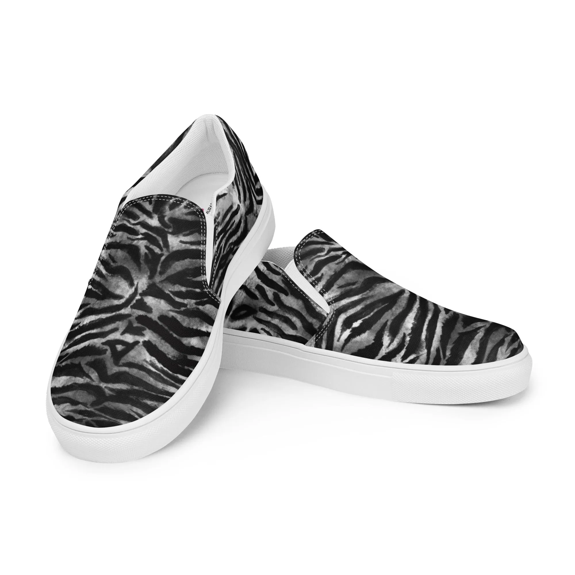 Grey Tiger Striped Men's Shoes, Solid Grey Tiger Striped Animal Print Best Casual Breathable Men’s Slip-on Canvas Shoes (US Size: 5-13)