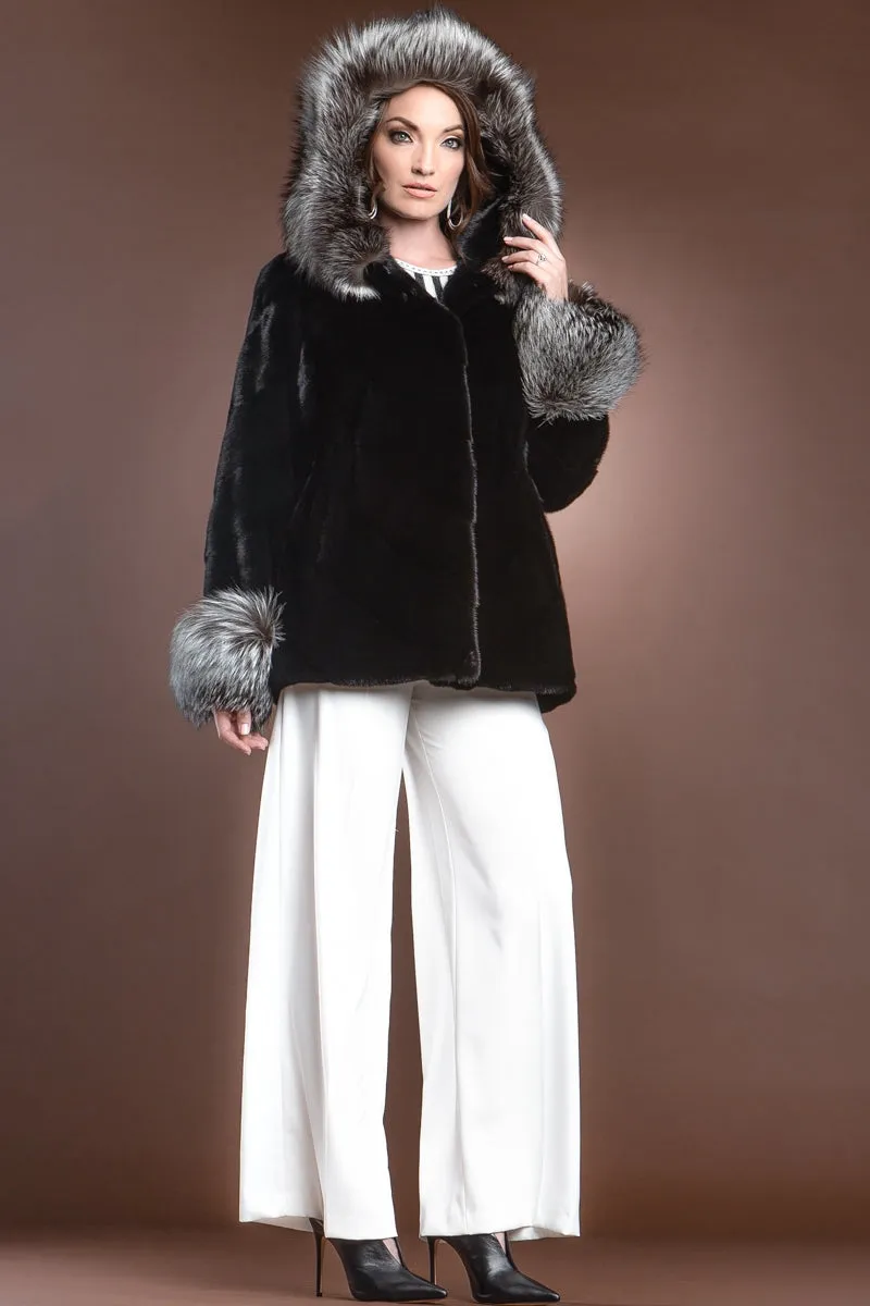 Hooded Directional Chevron Mink Fur Jacket - Fox Fur Hood Trim and Cuffs