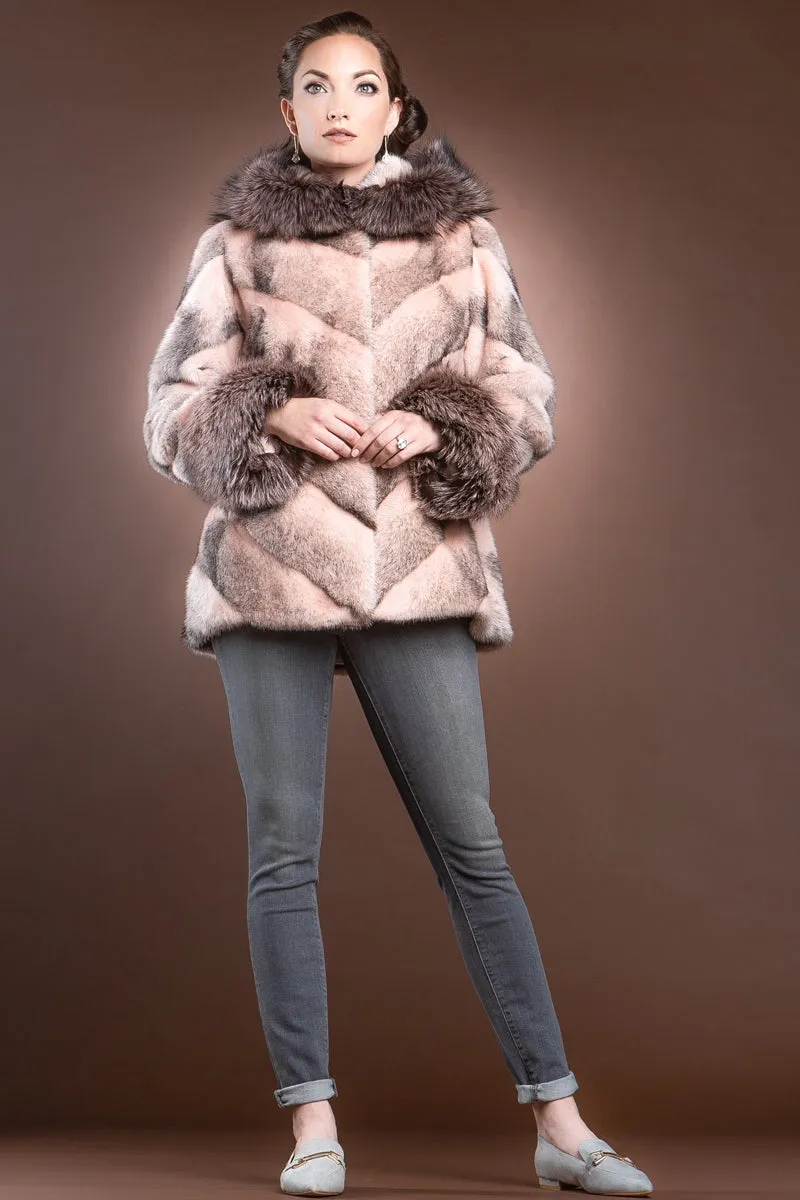 Hooded Directional Chevron Mink Fur Jacket - Fox Fur Hood Trim and Cuffs